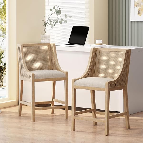 Merax 25.5 Fabric Upholstered Wood and Cane Counter Stools