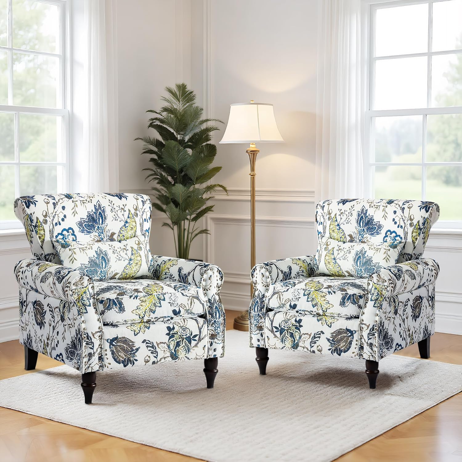 Wingback Accent Chair with Floral Pattern& Nailhead Trim, Comfy Reading Armchair with Removable Pillow and Solid Wood Legs, Vintage Fabric Lounge Chair for Living Room, Bedroom, Office, Small Spaces