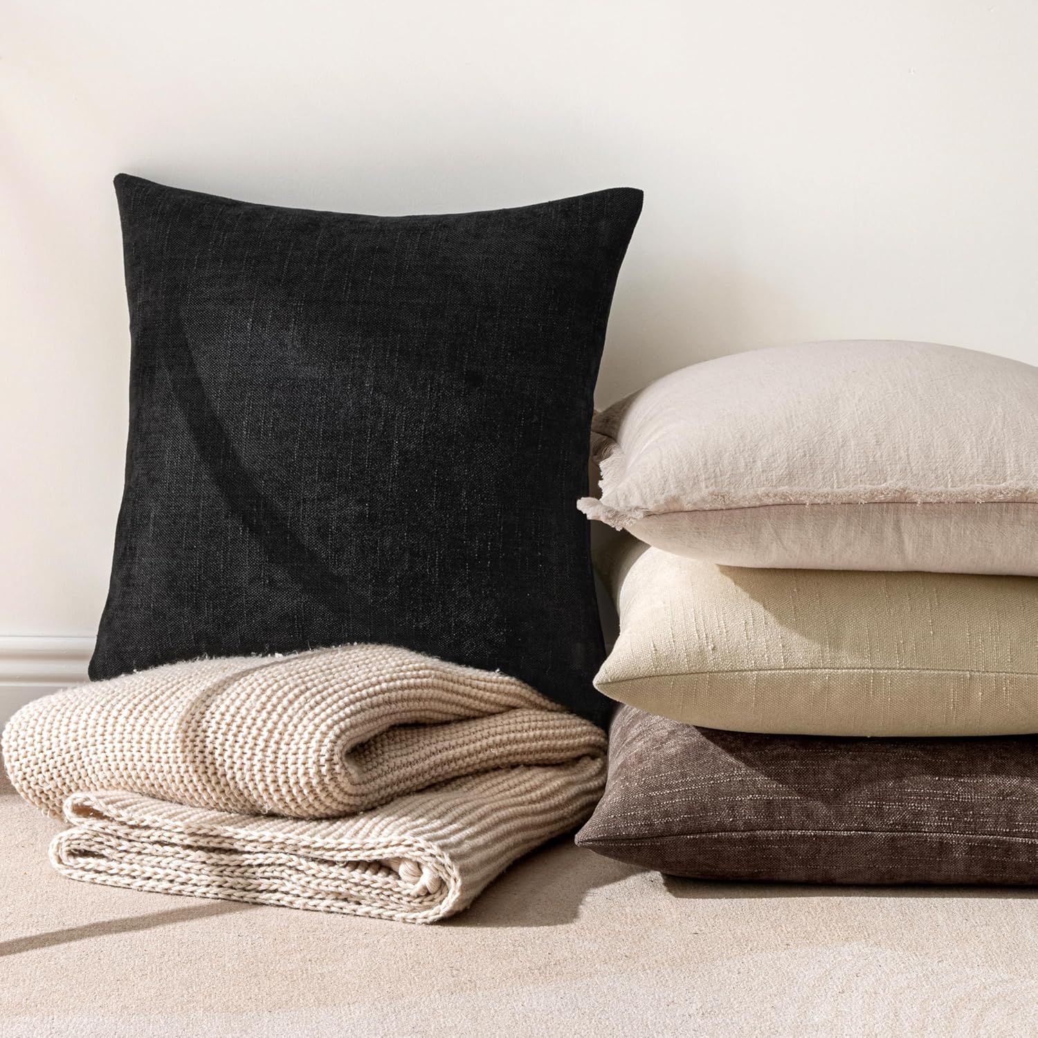 MIULEE Pack of 2 Decorative Throw Pillow Covers Soft Chenille Throw Pillows Solid Neutral Farmhouse Textured Cushion Covers for Couch Sofa Bedroom Living Room 20x20 Inch, Black - Image 2