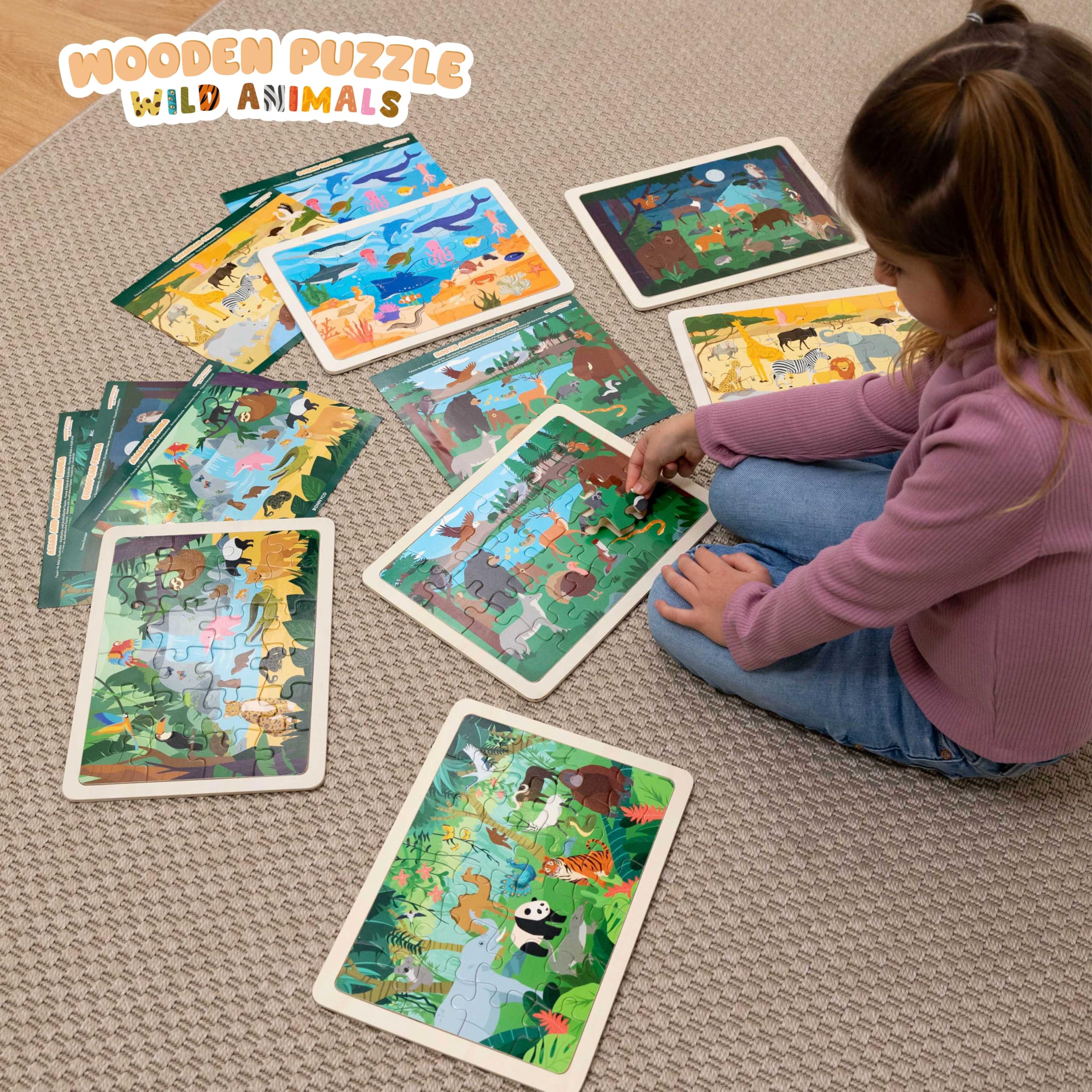 BONNYCO Puzzle Madera para Niños 6 Sets 24 Pcs, Animales de Diferentes Ecosistemas. Puzzles Infantiles con Tablero, Juguetes Educativos, Regalos para Niños 3 a 8 Años, Navidad
