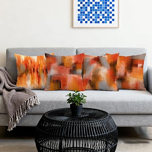 Miniatura 2 de Hexagram Juego de 4 fundas de almohada decorativas de color naranja quemado de 16 x 16 pulgadas, fundas de almohada de terciopelo suave para otoño,