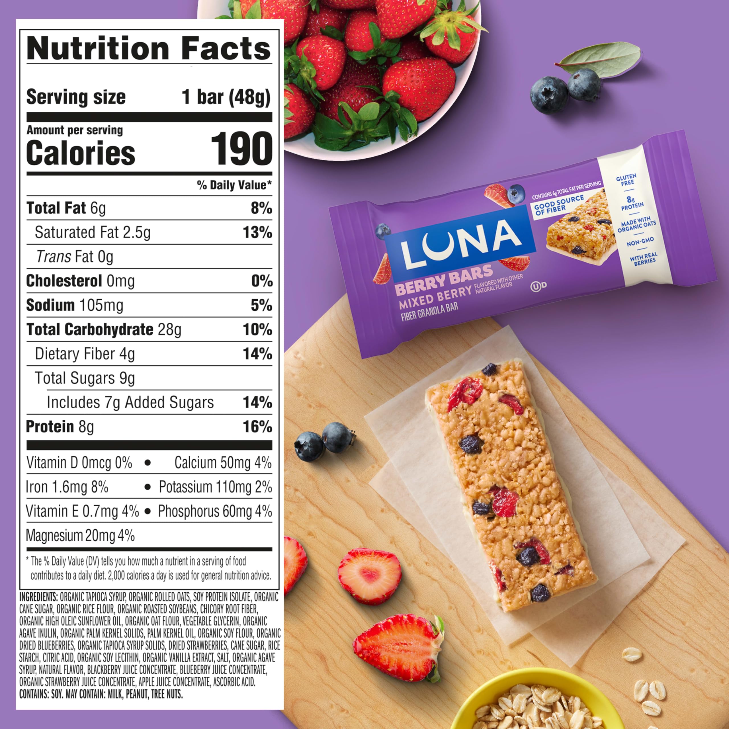 LUNA Berry Bars - Mixed Berry Flavor - Fiber Granola Bars - Non-GMO - Gluten Free Protein Bars - Made with Organic Oats (6 Pack) - 3