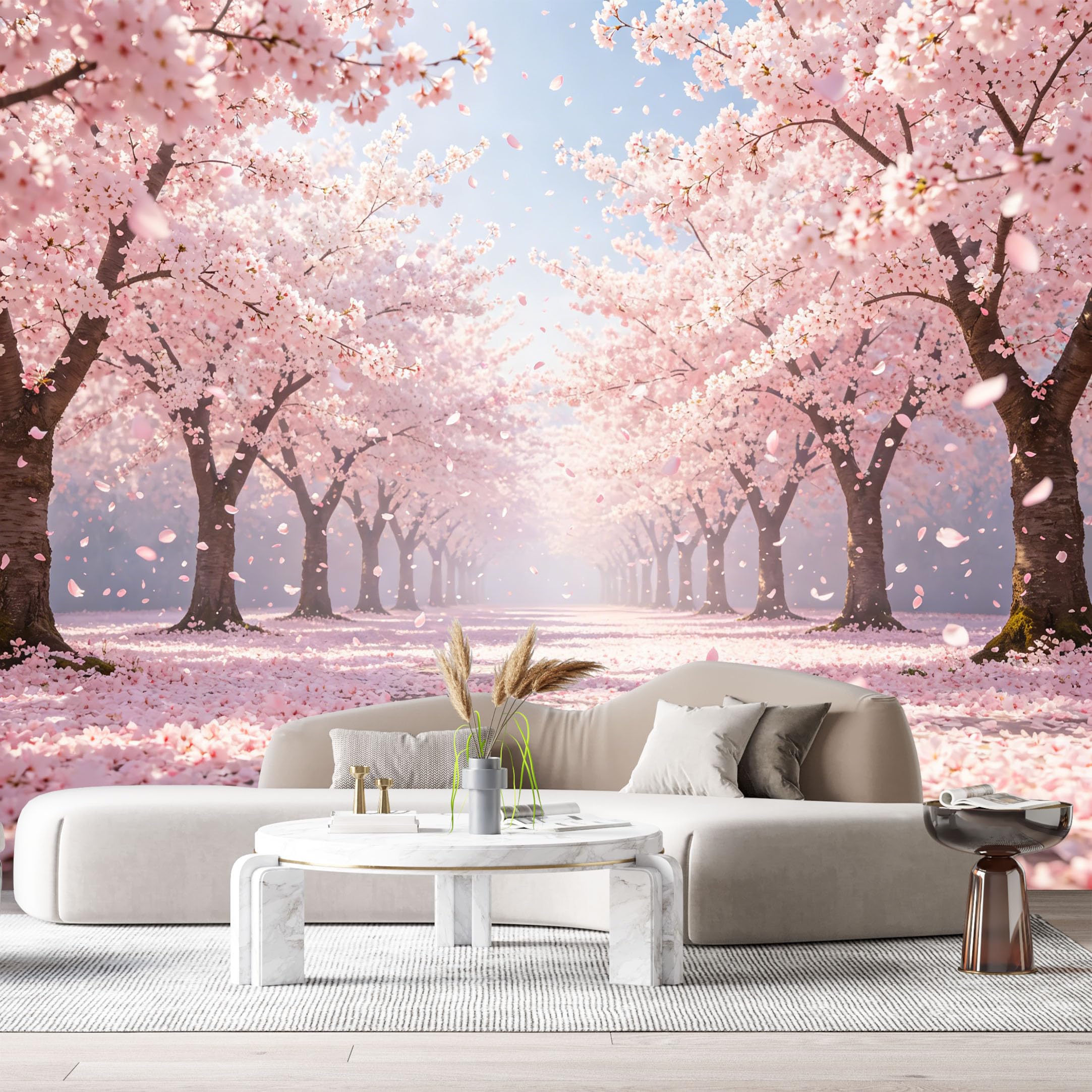 Custom Size Wall Murals Cherry Blossom Landscape Watercolor Blooming Sakura Trees Pathway SelfAdhesive Wall Fabric Removable Large Wallpaper for Photo Living Room