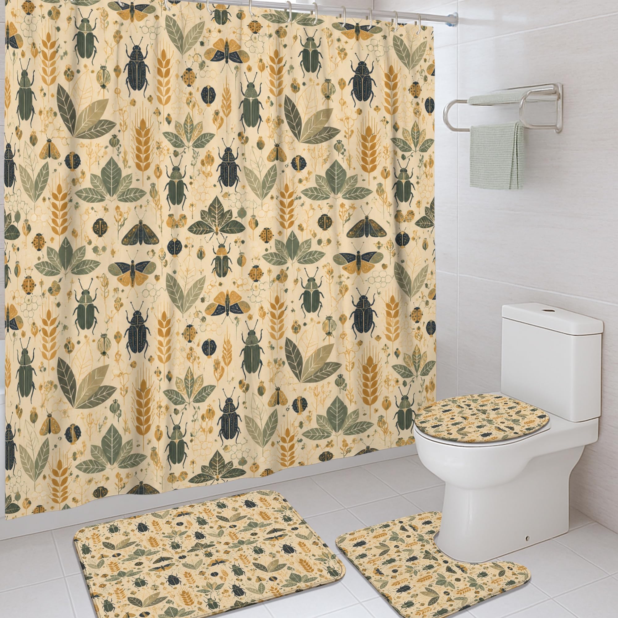 Rideau de douche scarabée et feuilles vertes rustiques 183x183 cm