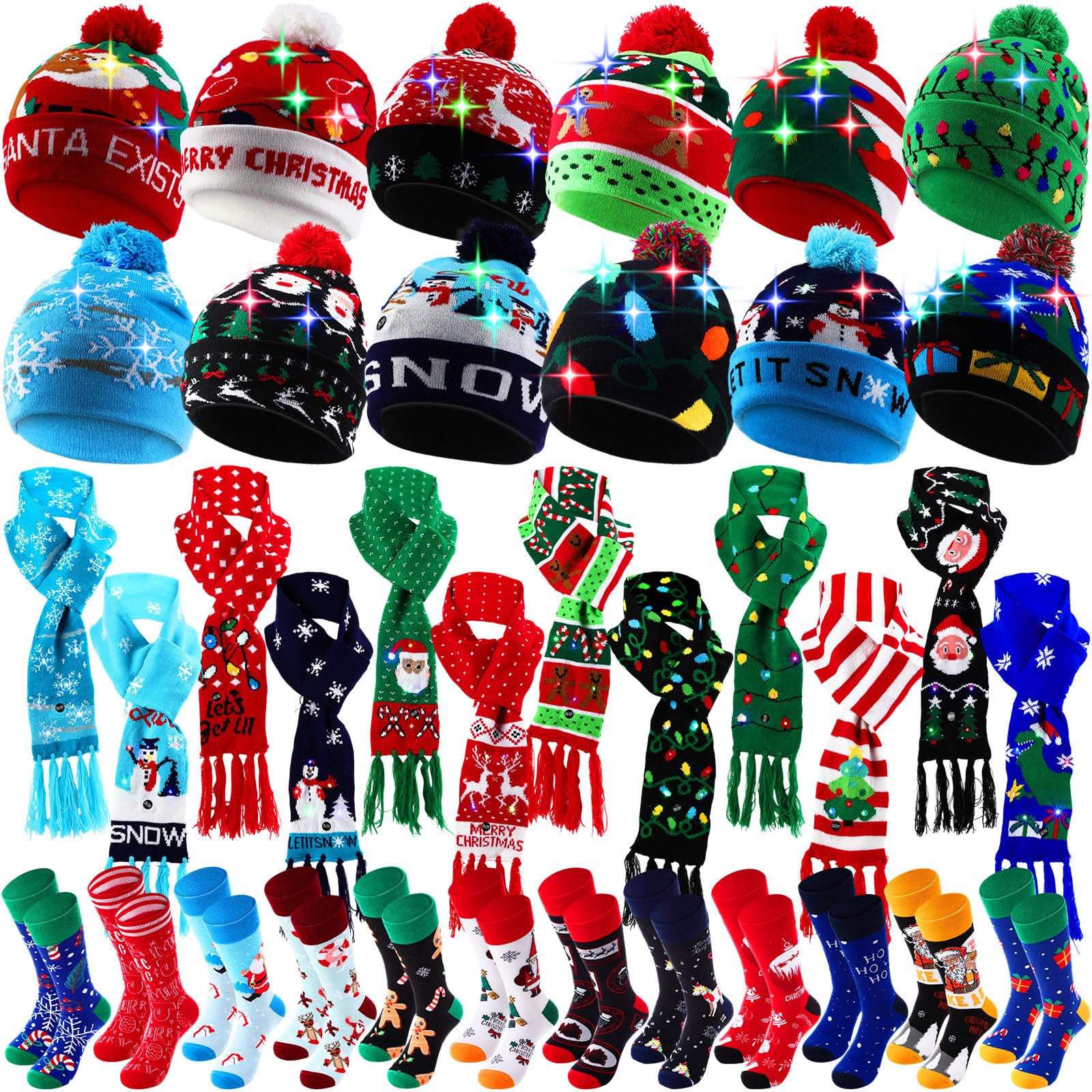 Liitrsh Juego de 36 sombreros de Navidad con luces LED, 12 gorros de Navidad iluminados, 12 bufandas de Navidad, 12 pares de medias de Navidad, unisex, coloridas, decoración navideña para hombres y