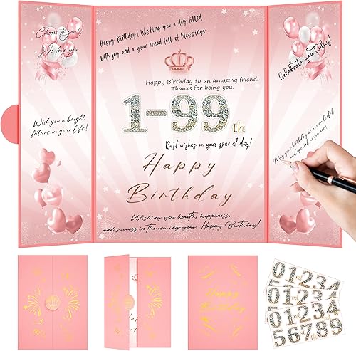 Decoraciones de fiesta de feliz cumpleaños del 1º al 99 de color rosa, libro de invitados de cumpleaños de 18 x 12 pulgadas para hombres y mujeres,