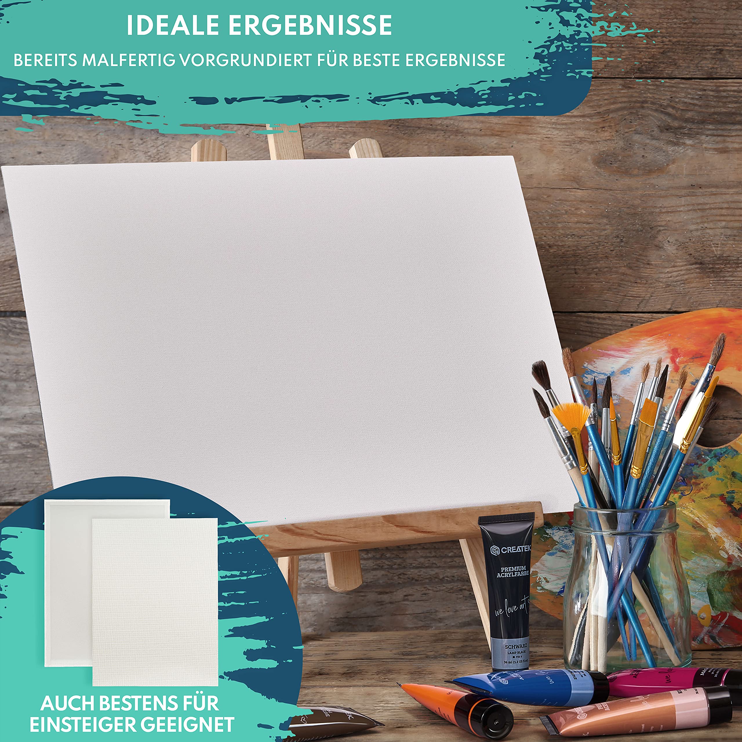 CreaTek - 10er Pack Malkarton 30x40cm [ inkl. 5 Std. Acryl Video Kurs ] malfertig grundiert +400 Malvorlagen & 4 Pinsel | aus100% Baumwolle | Leinwand 30 x 40 | Premium Malpappe, Canvas painting