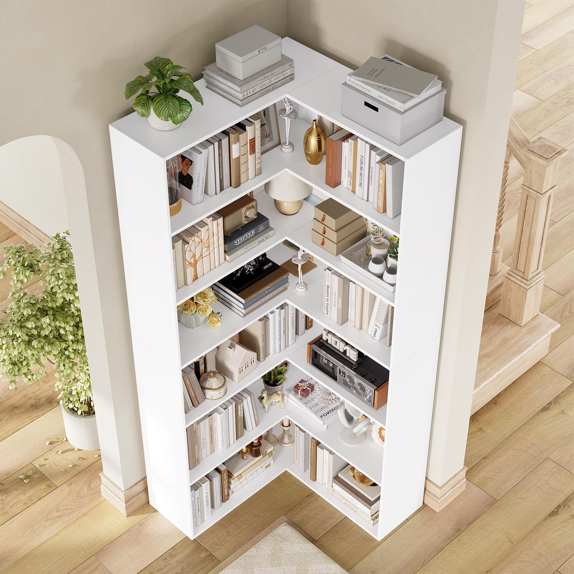 FirFurd 186,4cm Libreria Angolare a 6 Ripiani, Libreria da Parete, Bianco