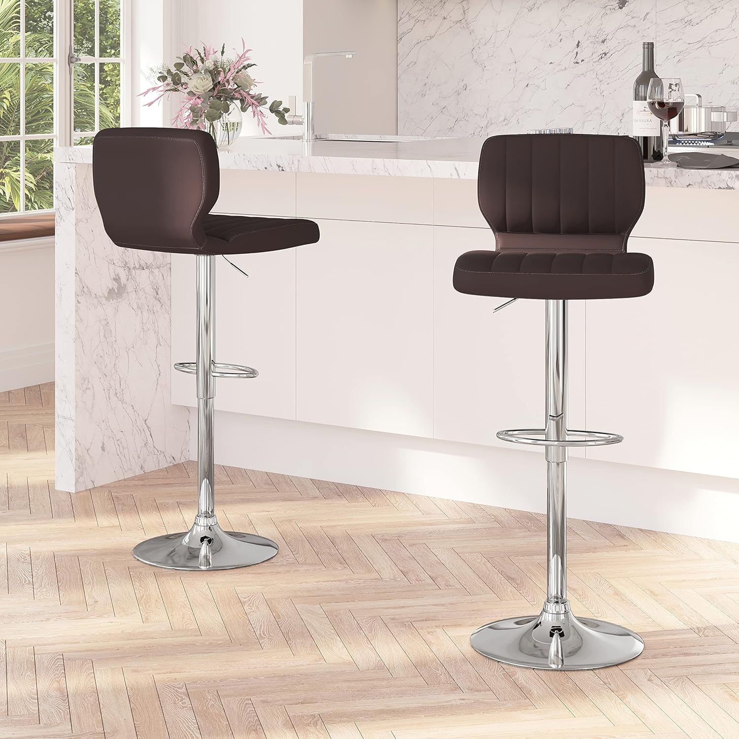 Merrick Lane Set of Two Bar Stools - Brown Vinyl Upholstery - Vertical Stitched Back - Adjustable Swivel Seat - Chrome Base - Integrated Footrest