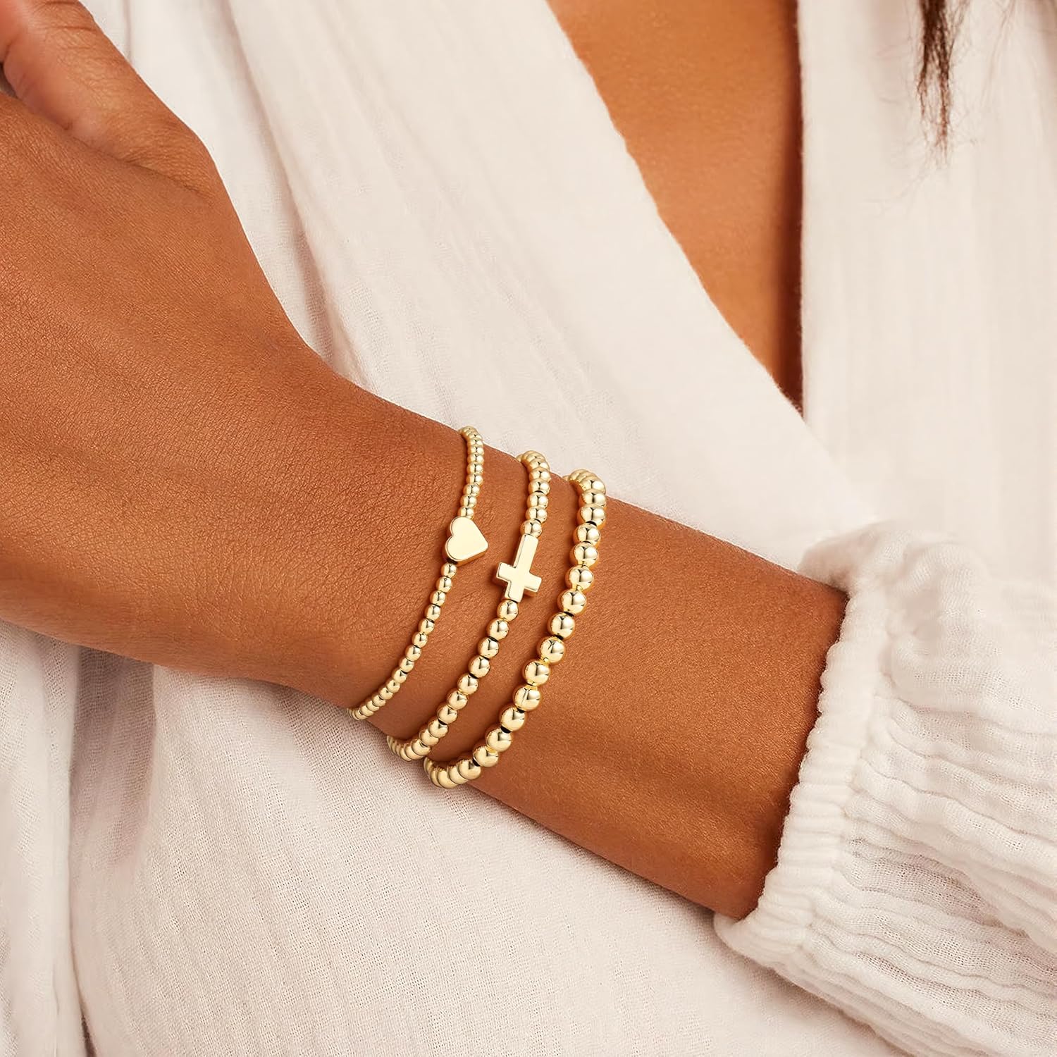 Turandoss Gold Beaded Bracelets for Women Teen Girls - Dainty 14K Gold Plated Bow Beaded Stretch Bracelets Stackable Bow Cross Heart Wave CZ Bracelet Trendy Jewelry Gifts for Women Teen Girls