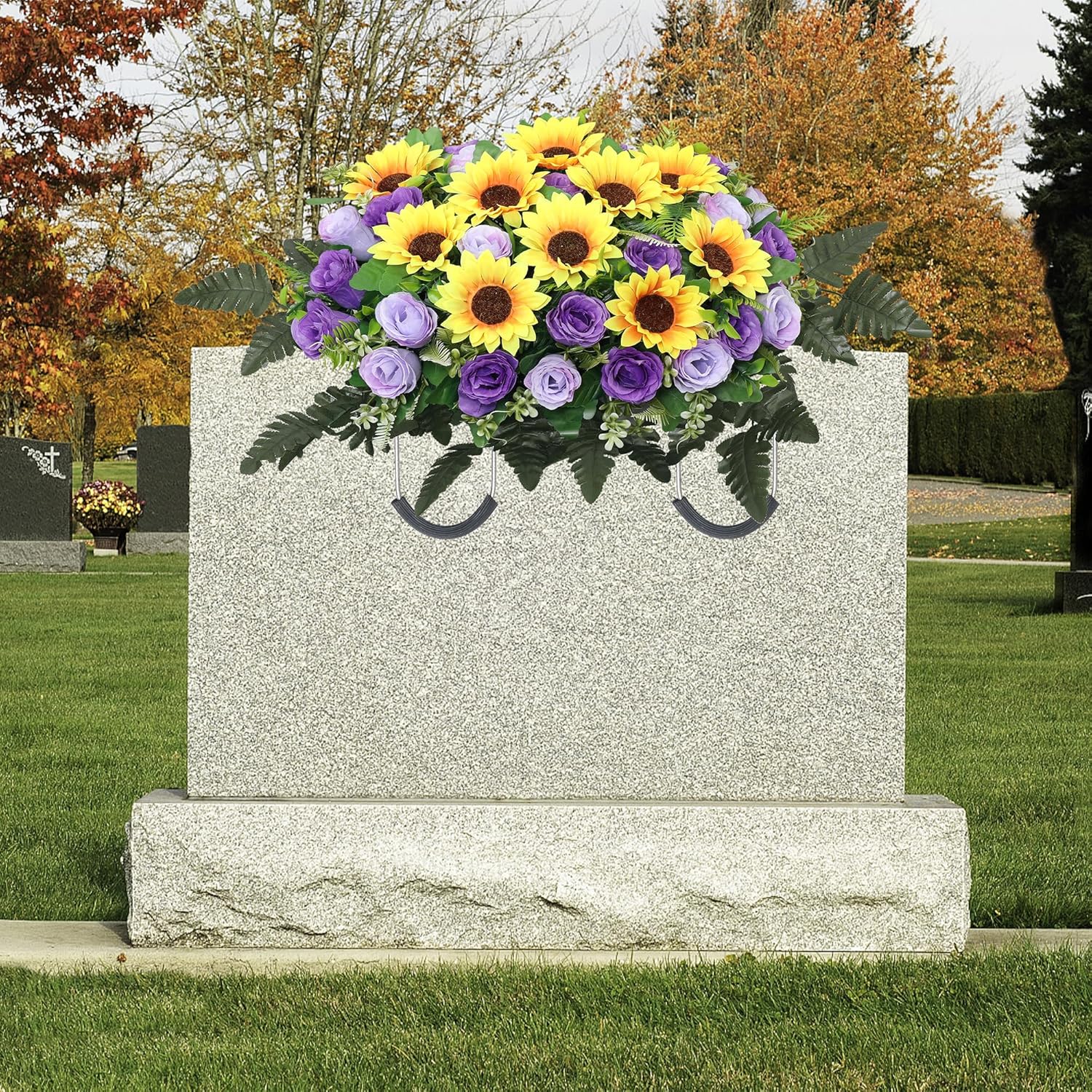 Lodou Artificial Cemetery Flowers Saddle-Shaped Tombstone Decorations,Large Headstone Flower Saddle,Rose Sunflower Memorial Flowers (Purple)