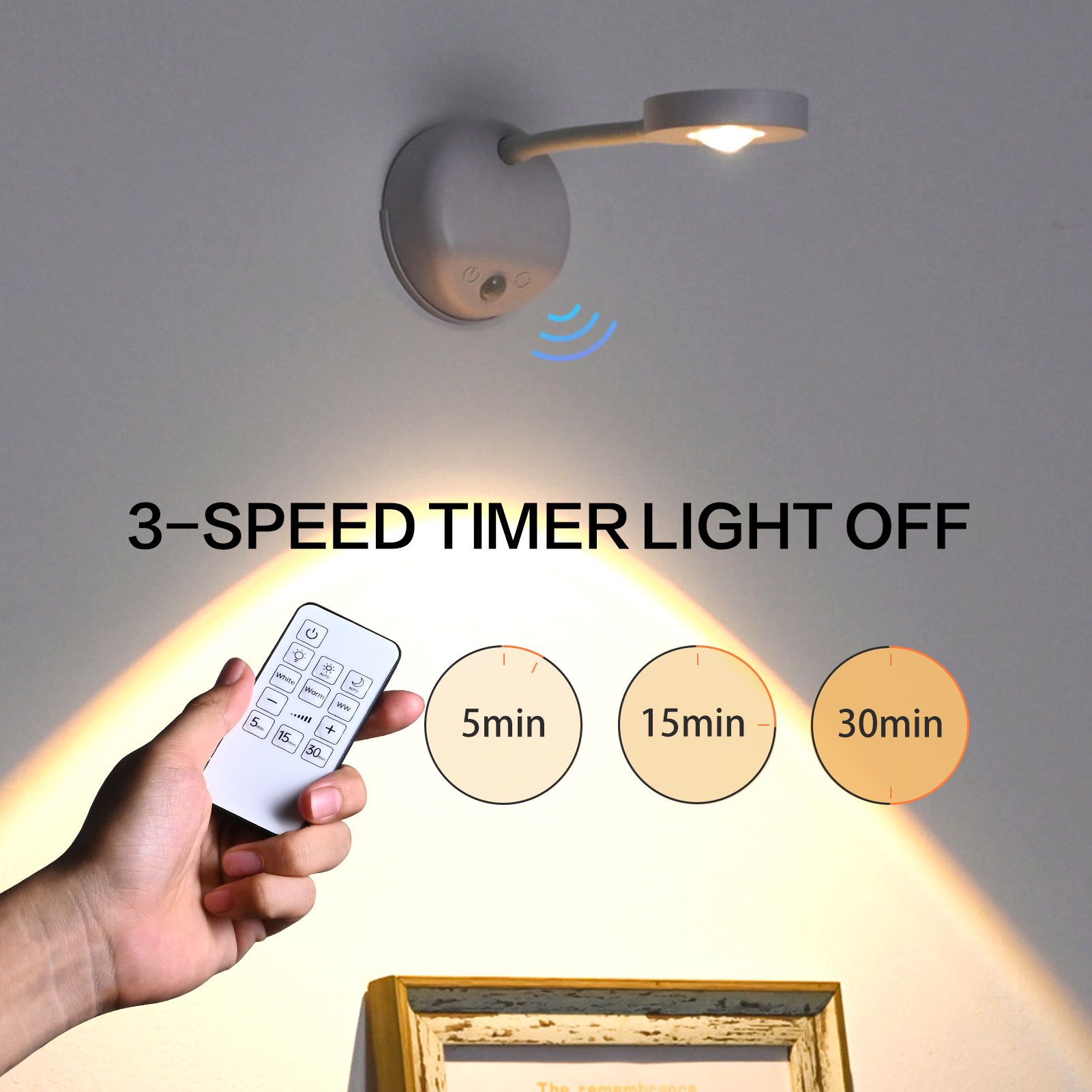 Image of XPESUVC Motion Sensor Wall Light Rechargeable LED Spotlight Flexible Rotate Bedside Reading Lamps with 3 Color Temperature for Picture, Mirror, Hallway (White, 1 Pack(with Remote Control))