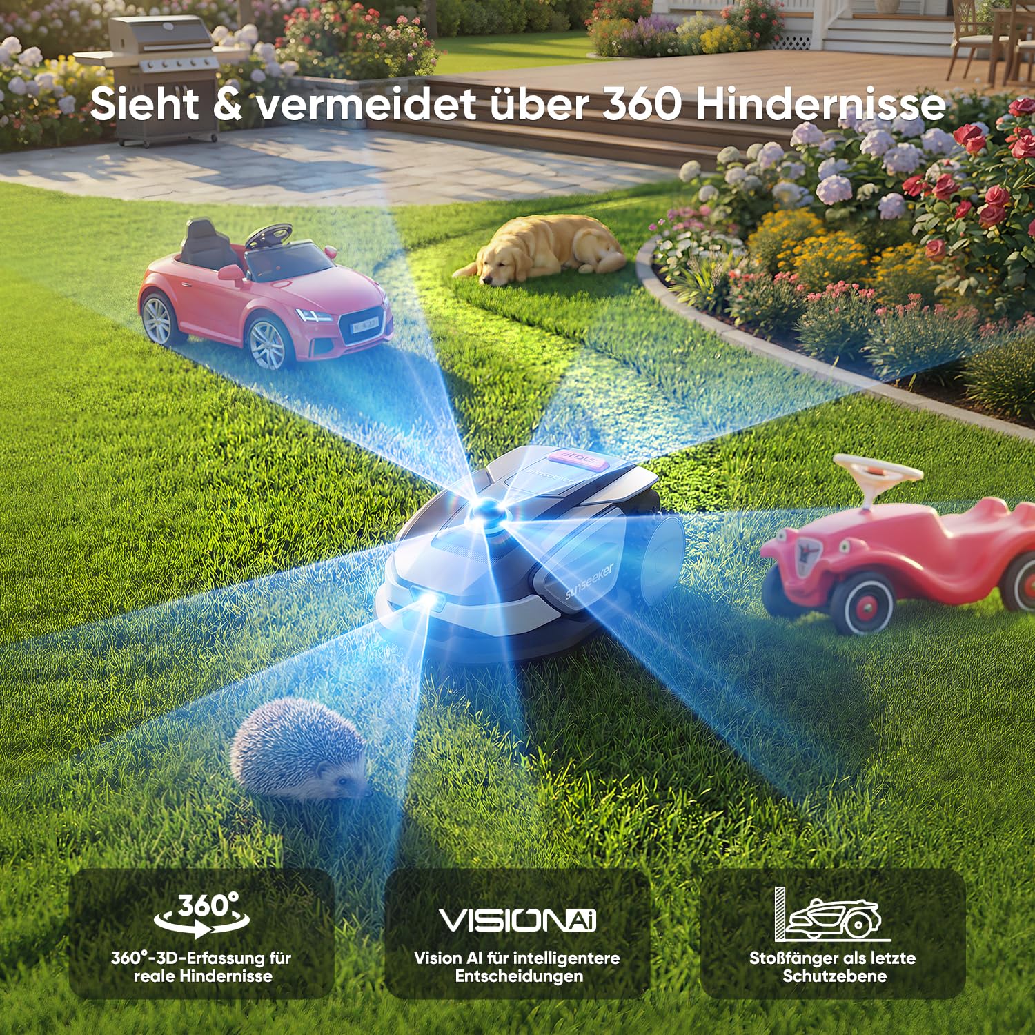 Sunseeker S4 robot koszący bez kabla ograniczającego, 1000 ㎡, 360° 3D LiDAR, AI mapowanie samochodu, bez konfiguracji, sterowanie aplikacją, nachylenie 42%