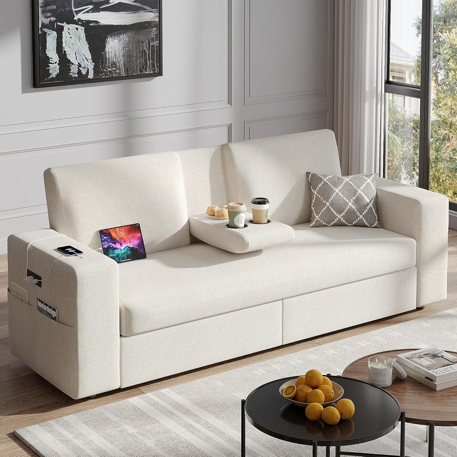 Maupvit 75” Loveseat Sofa with 2 Drawers, USB & Type-C Charging Port, Comfortable Linen Living Room Couch with Small Table Board, Upholstered Small Settee Fits Bedroom, Office,Beige