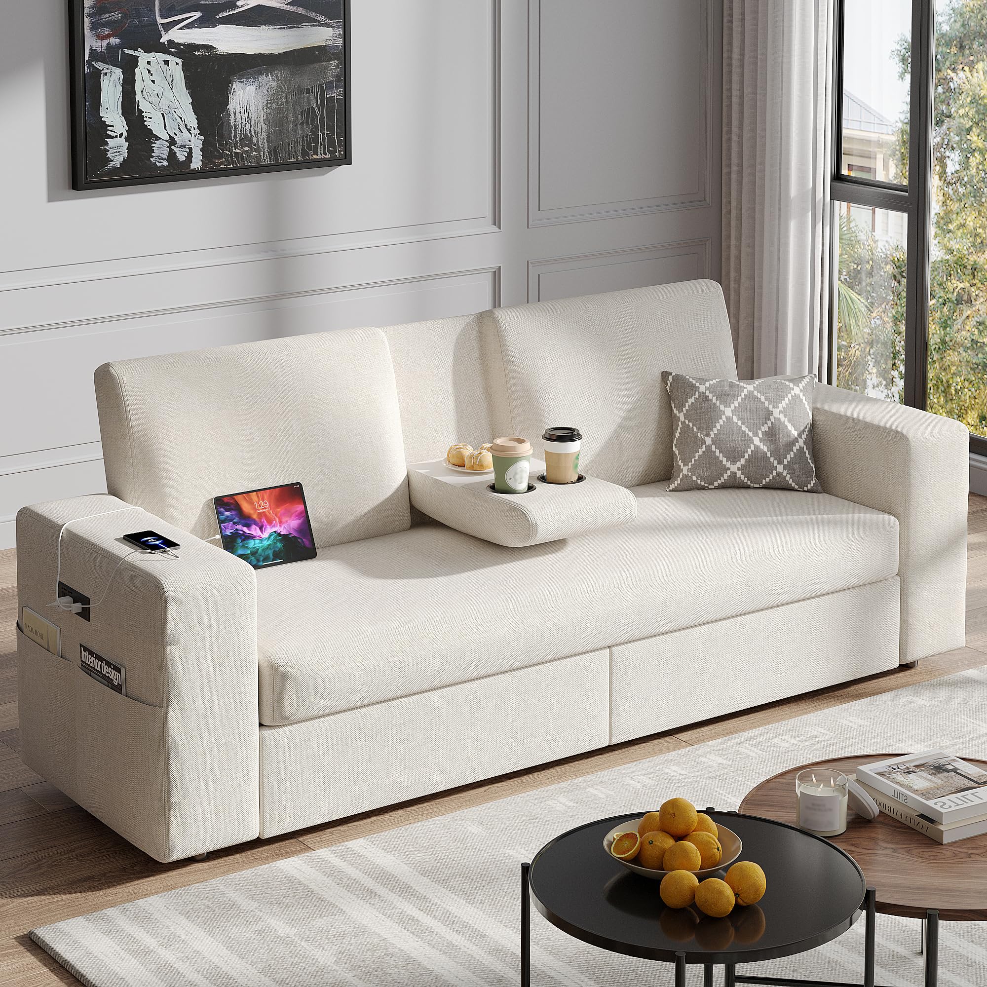 Maupvit 75 Loveseat Sofa with 2 Drawers USB Type-C Charging Port Comfortable Linen Living Room Couch with Small