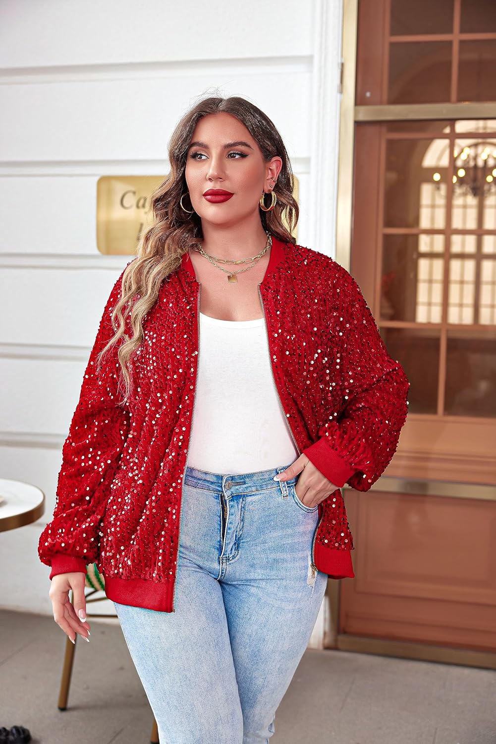 IN'VOLAND Womens Sequin Jacket Plus Size Sparkle Long Sleeve Jackets Front Zip Loose Casual Blazer Bomber Jacket with Pockets - Image 4