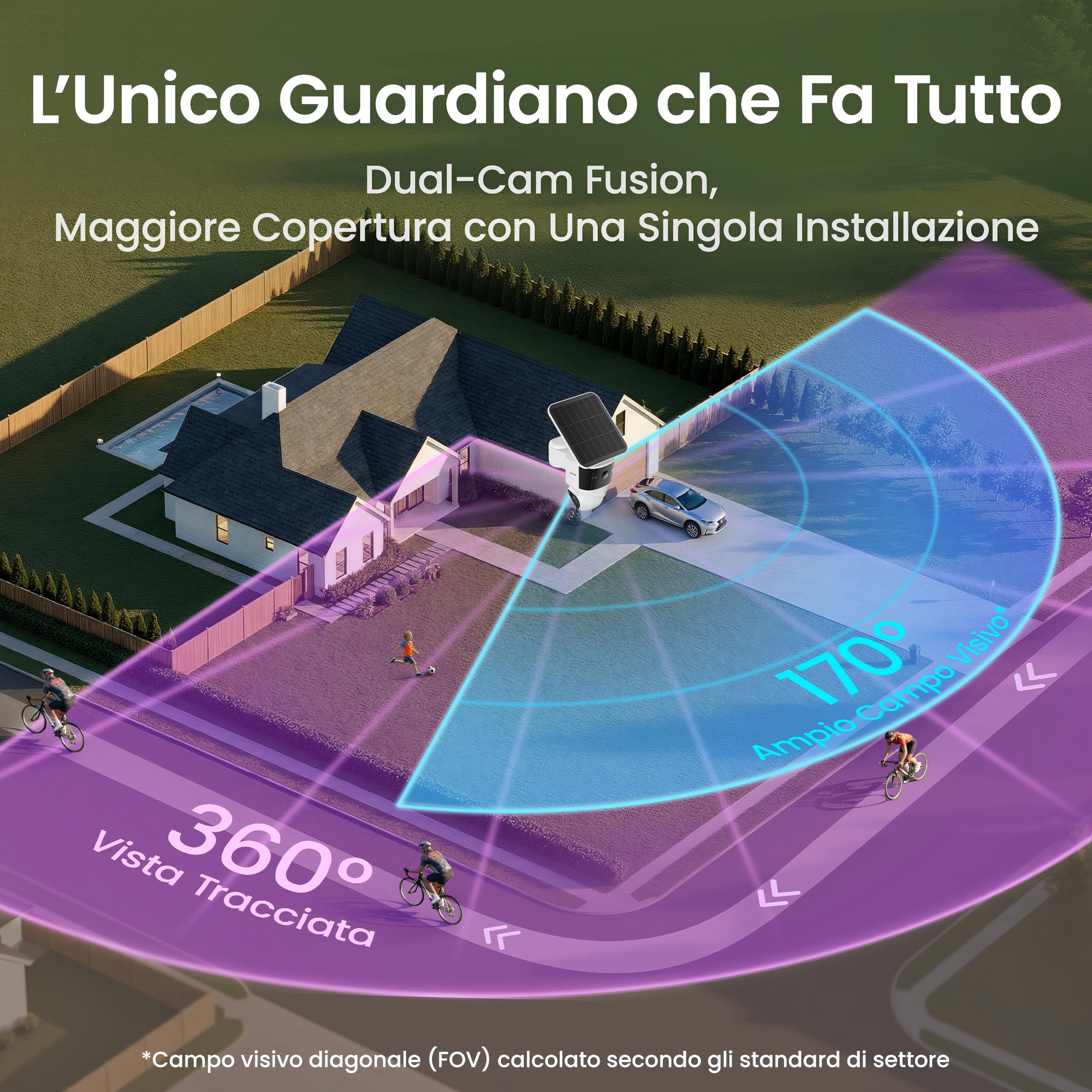aosu T2 Pro 3K Telecamera WiFi Esterno Senza Fili, 5MP Doppia Camera | 360° PTZ + 170° Grandangolo Senza Ciechi, AI Rilevamento Auto-Tracking di Persone Veicoli Animali, Visione Notturna a Colori