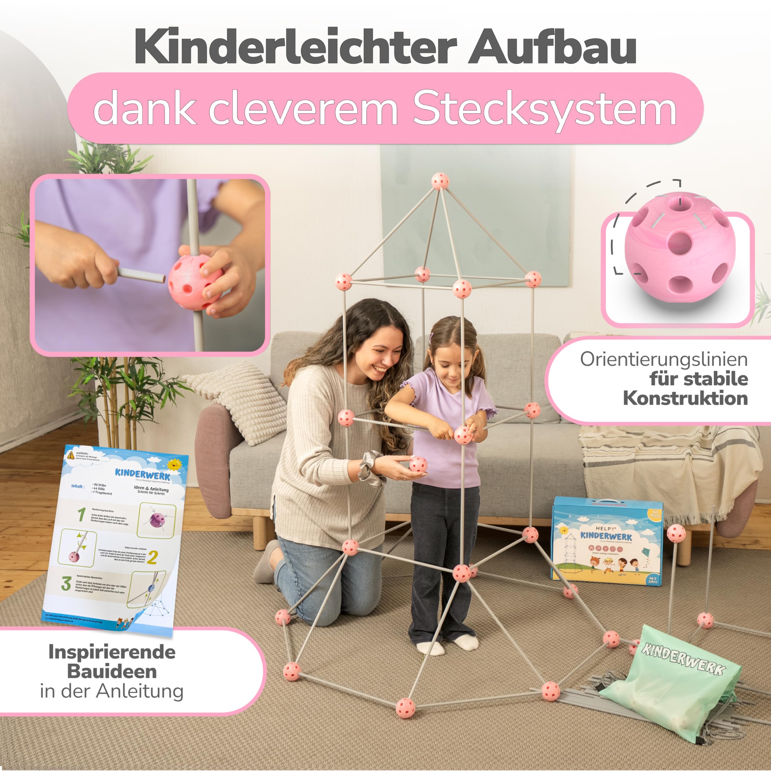 KINDERWERK - Konstruktionsspielzeug – 140-teiliges Set zum Höhle Bauen für Kinder – Unterstützt Kreativität & räumliches Denken – Indoor & Outdoor Spielzeug (rosa/grau)