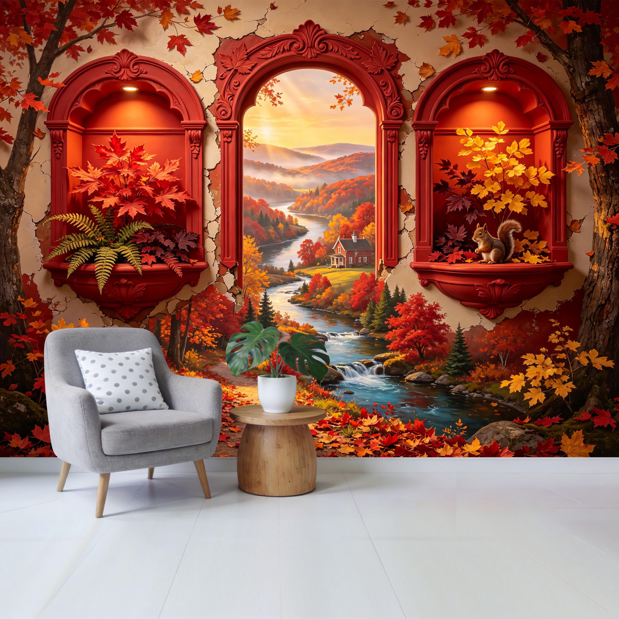 Custom Size Wall Mural Autumn Forest Landscape Window View River Cottage Scene Removable Self Adhesive Fabric Home Wall Decor for Living Room Bedroom Bathroom