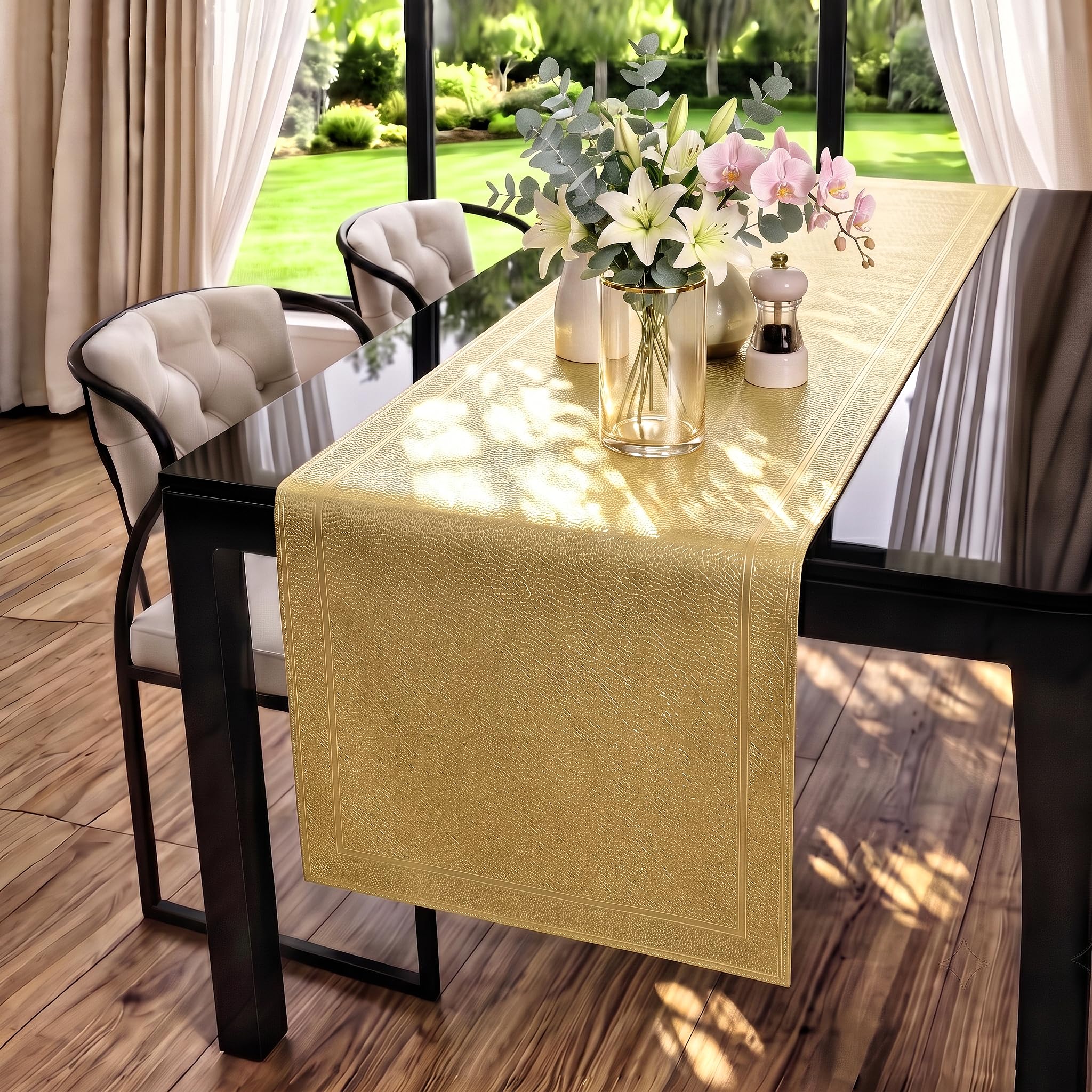 FAVE Goldfarben Vinyl Tischläufer 180 cm, waschbar für Esstisch