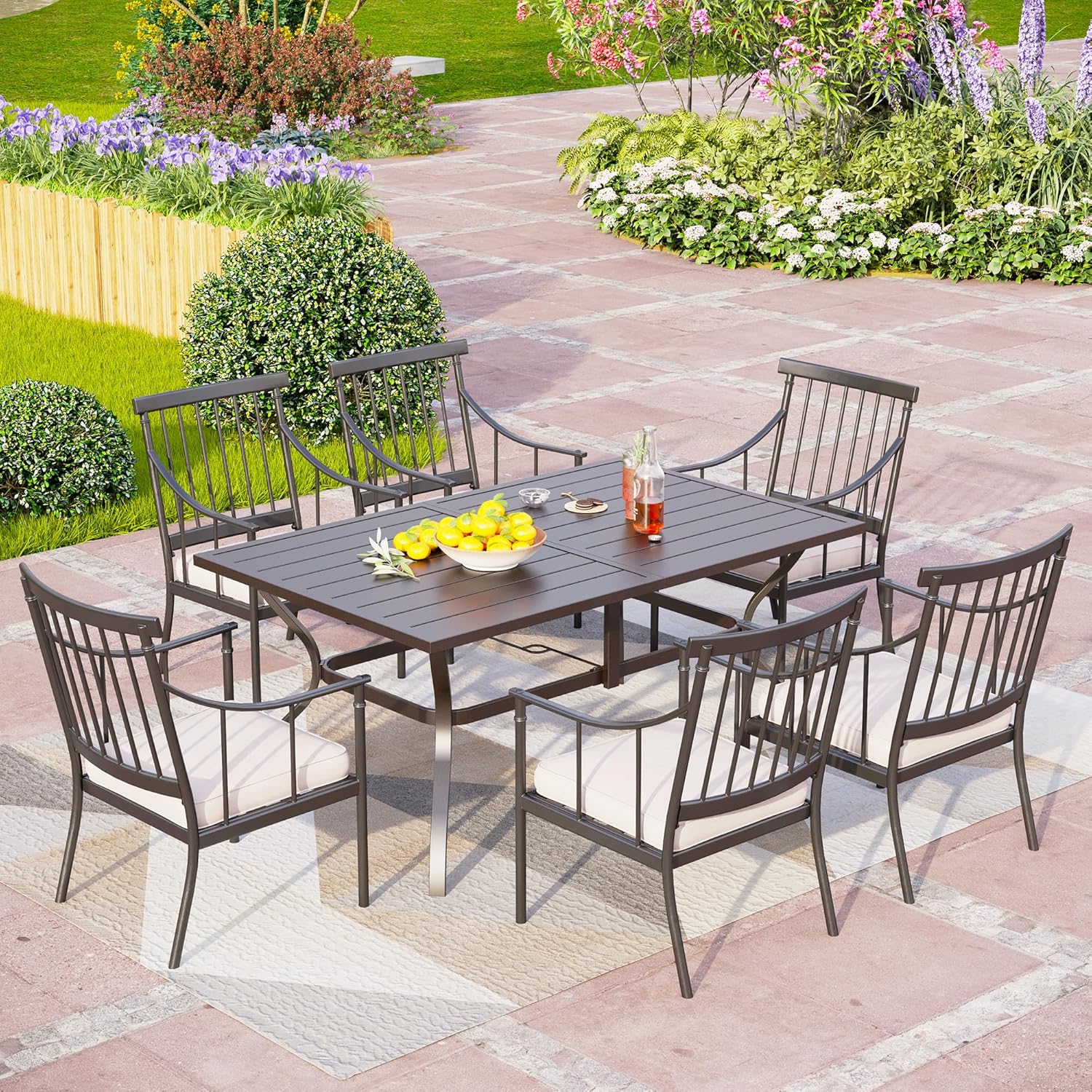 PHI VILLA 7 Piece Outdoor Dining Set with Cushion, 60” Rectangular Metal Dining Table with Umbrella Hole & 6 Cushioned Iron Chairs for Patio, Deck, Yard