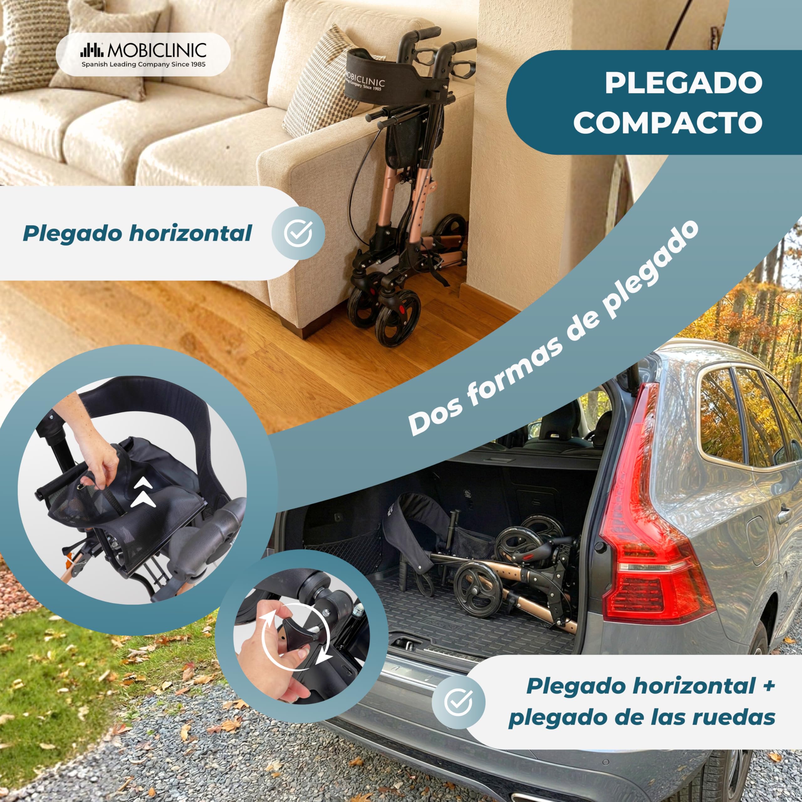 Mobiclinic®, Andador Plegable, Asiento y Respaldo, Hasta 136 kg, Oro Rosado, Altura regulable, Cesta Portaobjetos, Soporte para Bastón, Frenos y Bloqueo de Seguridad, Aluminio, Trajano