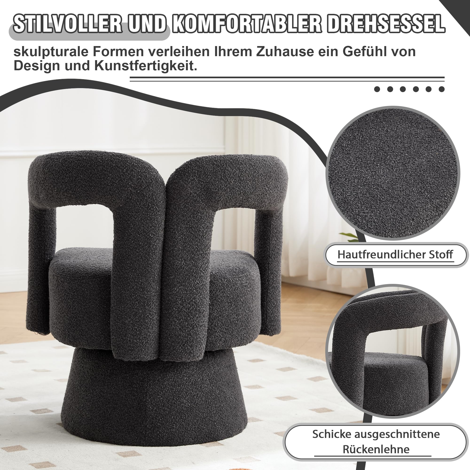 MURUL 360 Grad drehbare Kuschelfass-Akzentstühle, runde Sessel mit breiter Polsterung, Flauschiger Stoffsessel für Wohnzimmer, Schlafzimmer, Büro, Warteräume, Dunkelgrau