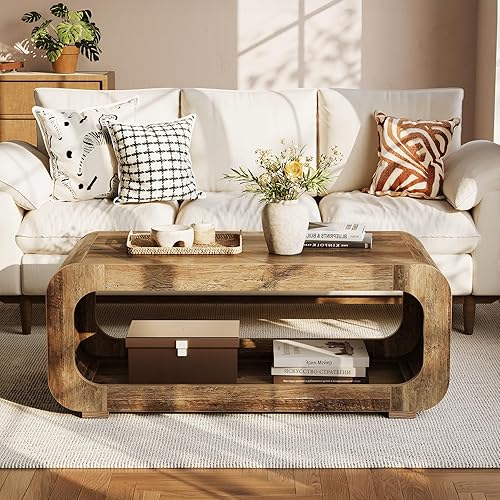 Miniatura 3 de LITTLE TREE Mesa auxiliar de granja de 47 pulgadas para sala de estar, mesa central rectangular de madera de 2 niveles con almacenamiento abierto,