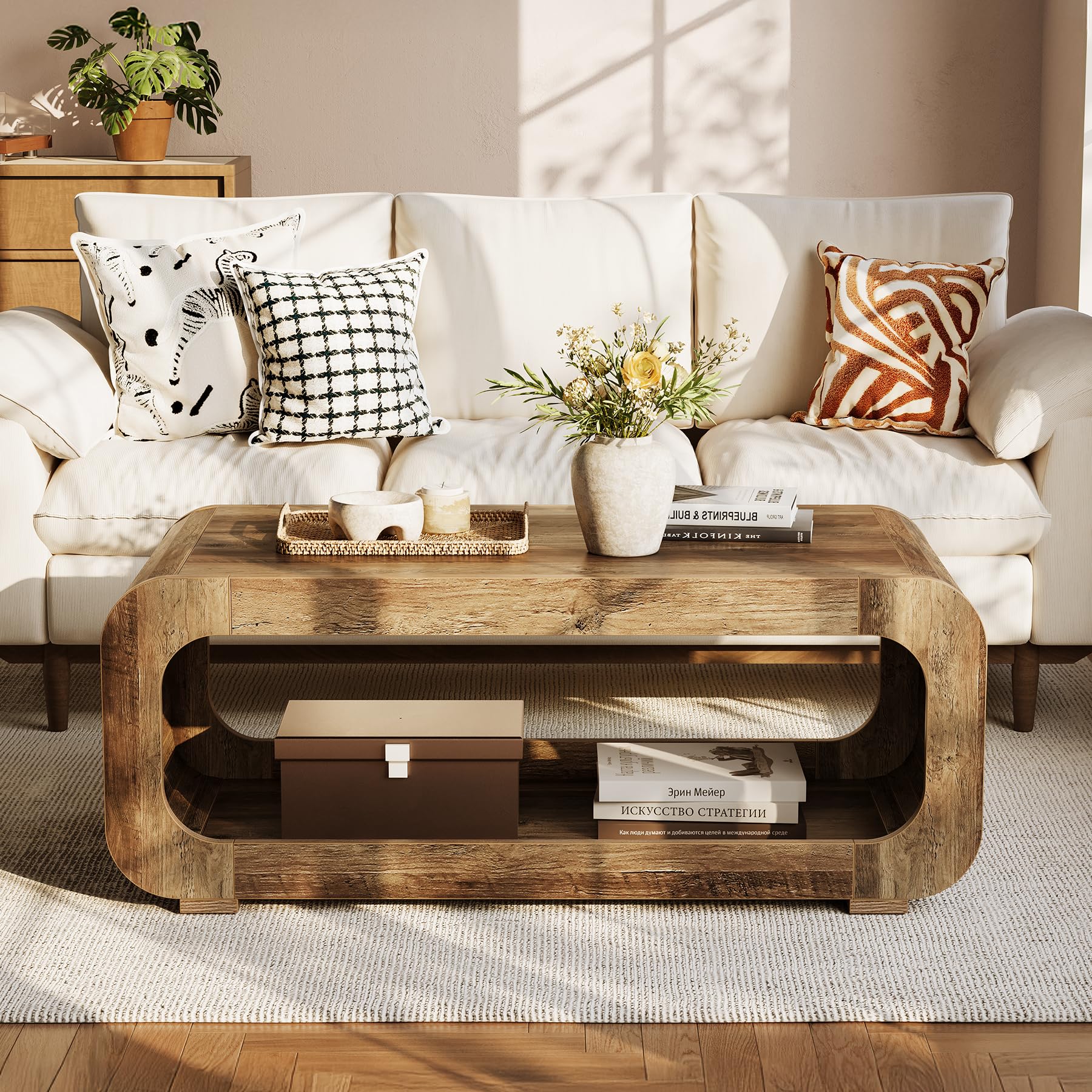 Tribesigns Couchtisch 120 cm mit offenem Stauraum, Rechteckiger Holz Wohnzimmertisch, Sofatisch mit 2 Ablagen, Kleiner Beistelltisch für Homeoffice, Wohnzimmer, Rustikal Braun