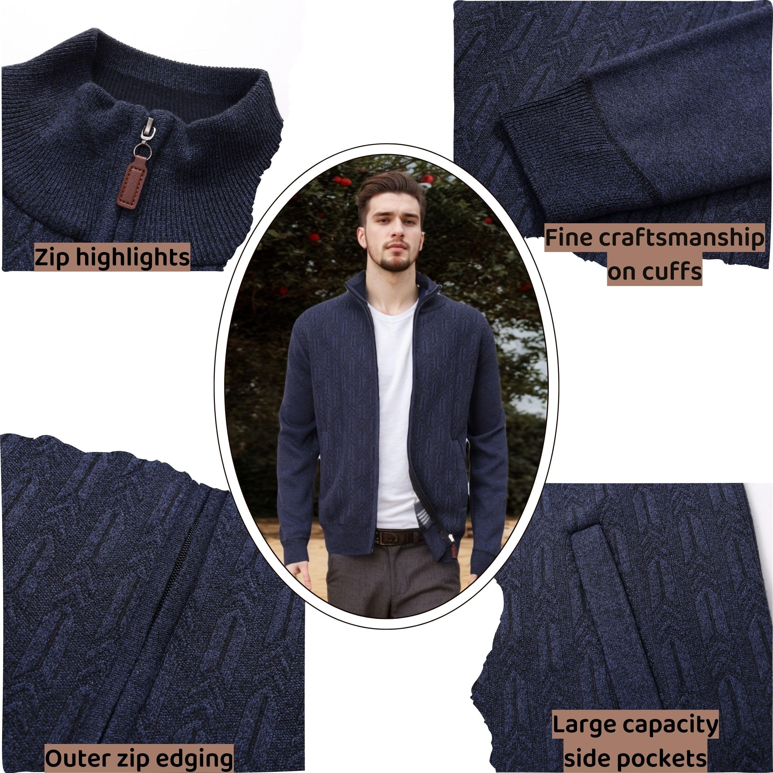 Cárdigan de Punto para Hombre Cálido Chaqueta Cuello Alto Cremallera Forro Polar Slim Fit