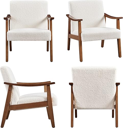 Miniatura 7 de Yaheetech Silla decorativa de tela, sillón moderno de mediados de siglo con patas de madera maciza, silla de lectura con respaldo alto para sala de