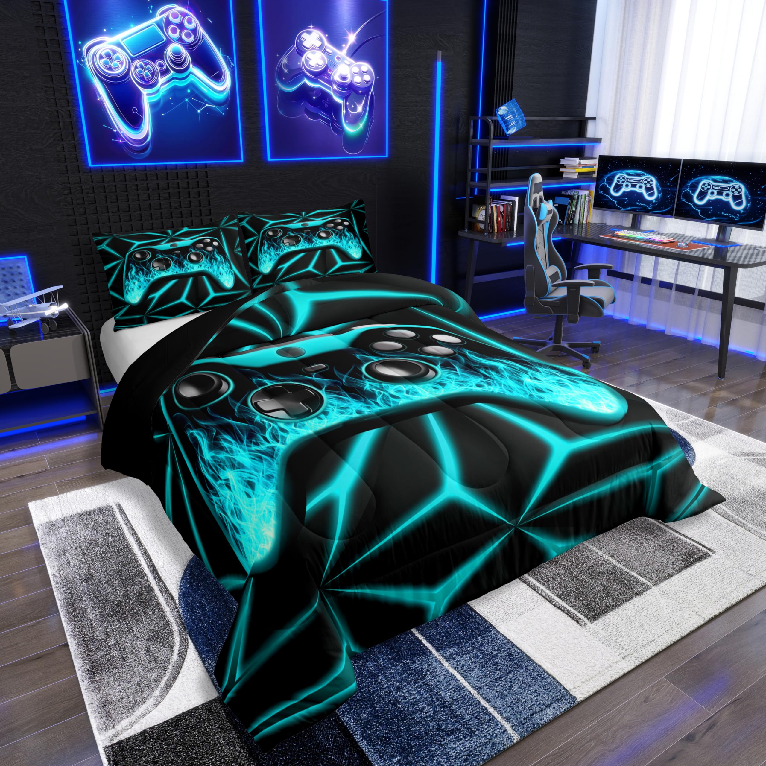 Video Game Twin Bedding Sets for Boys Game Room Decor Comforter Set for Game Lovers, 3D Geometric Gaming Bedding Comforter Sets Teal Flame Game Consoles Down Comforter Kids Neon Geometry Duvet Set