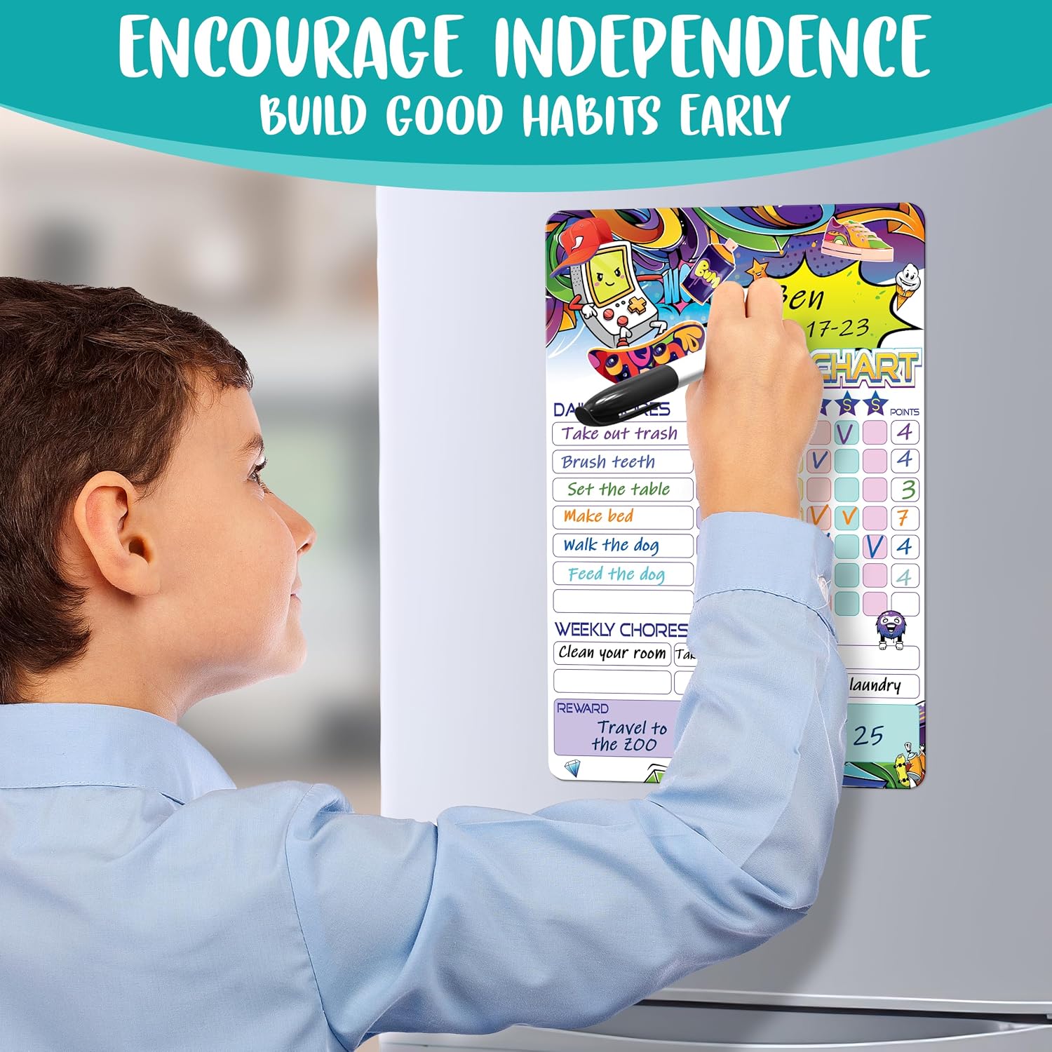 Magnetic Chore Chart for Kids 8.5x12 - Dry Erase Chore Chart Magnetic - Weekly Chore Chart for Kids Multiple Boys - Dry Erase Responsibility Chart for Kids - Magnetic Chore Chart for Refrigerator thumbnail