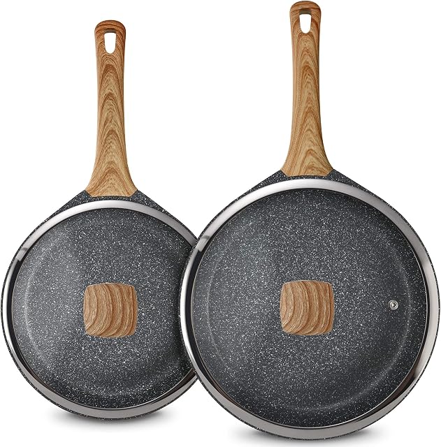 Miusco Non Stick Frying Pan with Lid, Natural Granite Coating Frying Pan Set, 25cm & 30cm, Premium PFOA Free Nonstick Skillets, with Ergonomic Bakelite Cool Touch Handle, Induction Compatible