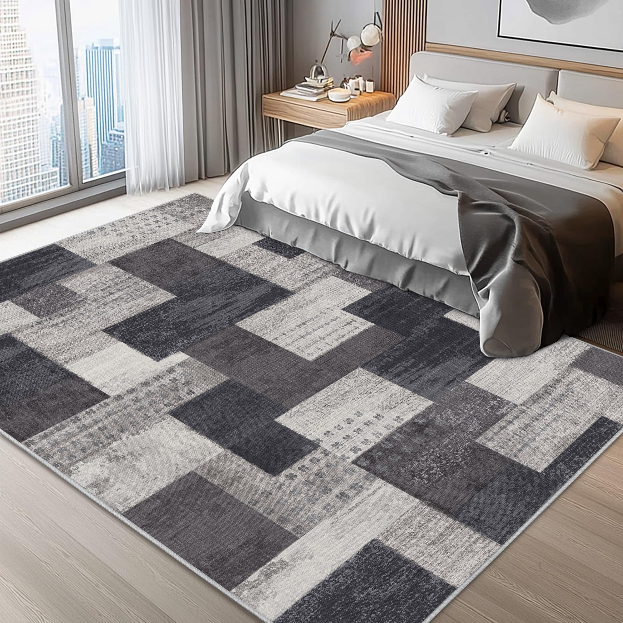 Tappeto moderno geometrico patchwork per interni e soggiorno, antracite, 140x200 cm, grandi tappeti, collezione Rockwood, decorazione per camera da letto, grigio, morbido, pelo corto