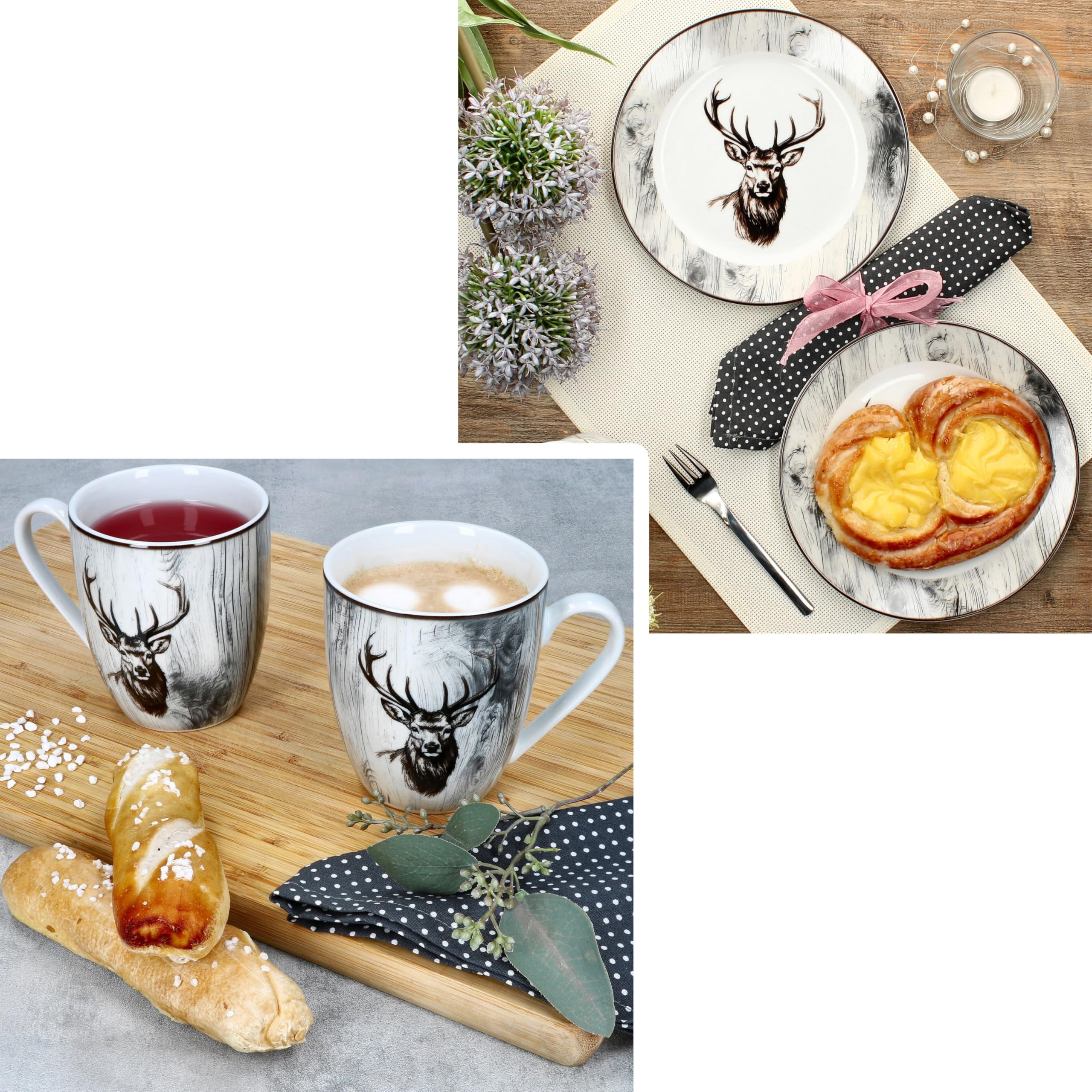 MamboCat Alois 12tlg Frühstücksset I je 6x Frühstücksteller & Kaffeebecher 350 ml aus Porzellan I 6 Personen I Holz-Optik & Hirschmotiv in Schwarz-Weiß I für Frühstück & Kaffee
