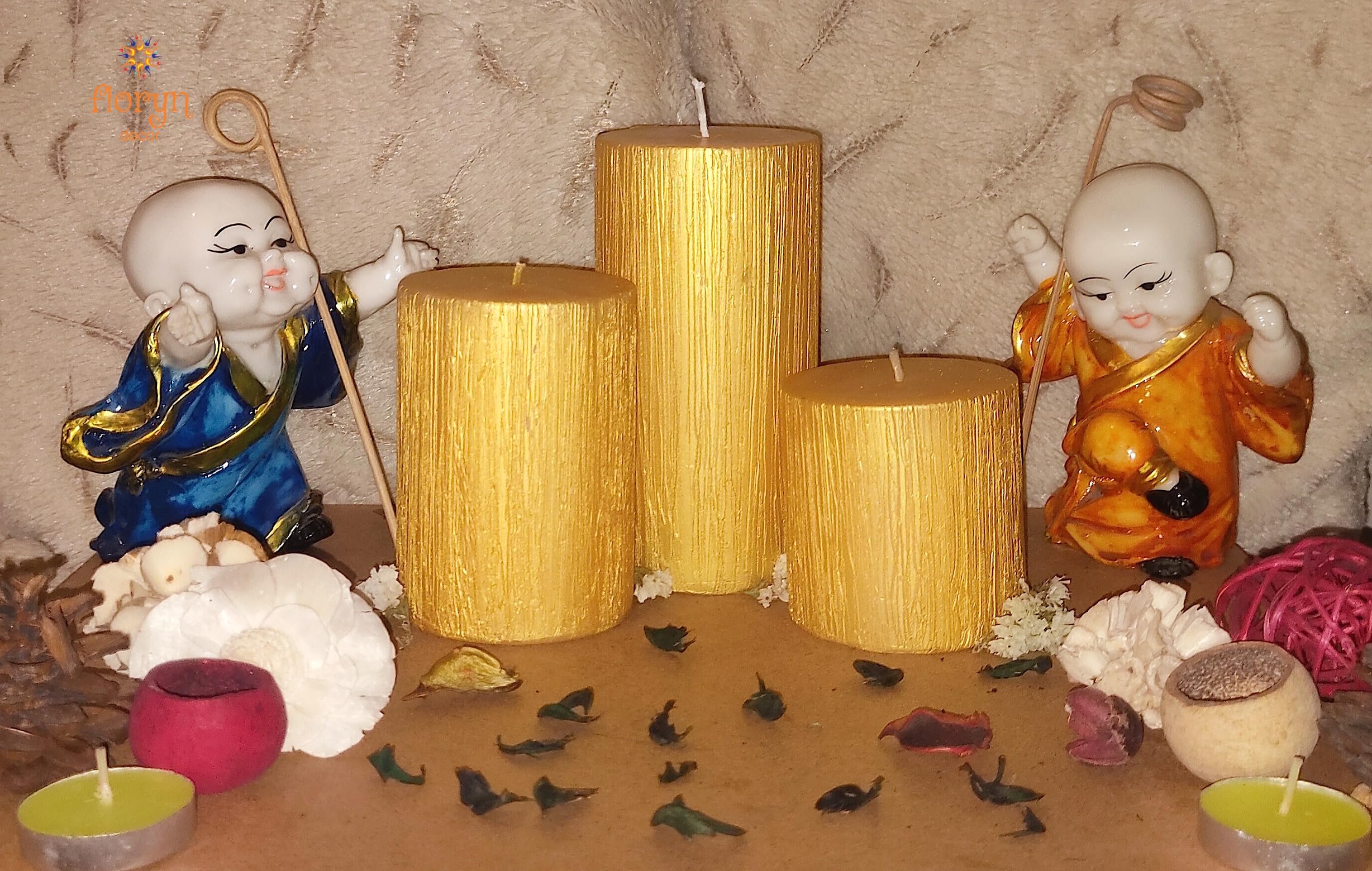Floryn Decor Set of 3 Metallic Pillar Candles Decoration Dinner Wedding Party Candles Perfect Candles for Home Decor - Church-Spa, Restaurant | Smokeless & Dripless (Gold), Unscented 1