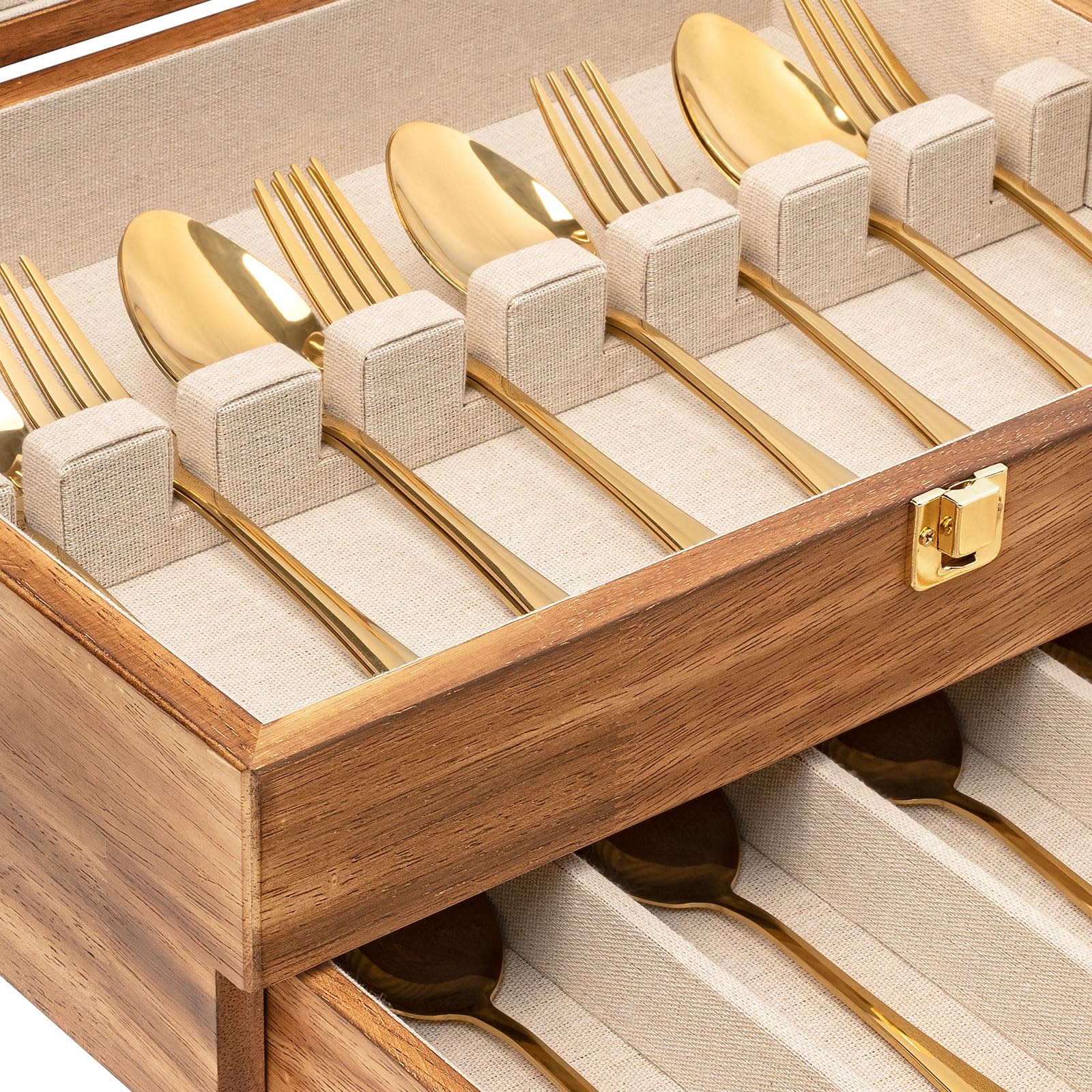 Besteck-Aufbewahrungsbox, 2-lagiger Besteck-Aufbewahrungskoffer mit Schublade, Holz-Bestecktruhe mit Leineneinsatz, rustikaler Besteckkoffer zur Aufbewahrung von feinem Besteck und Utensilien