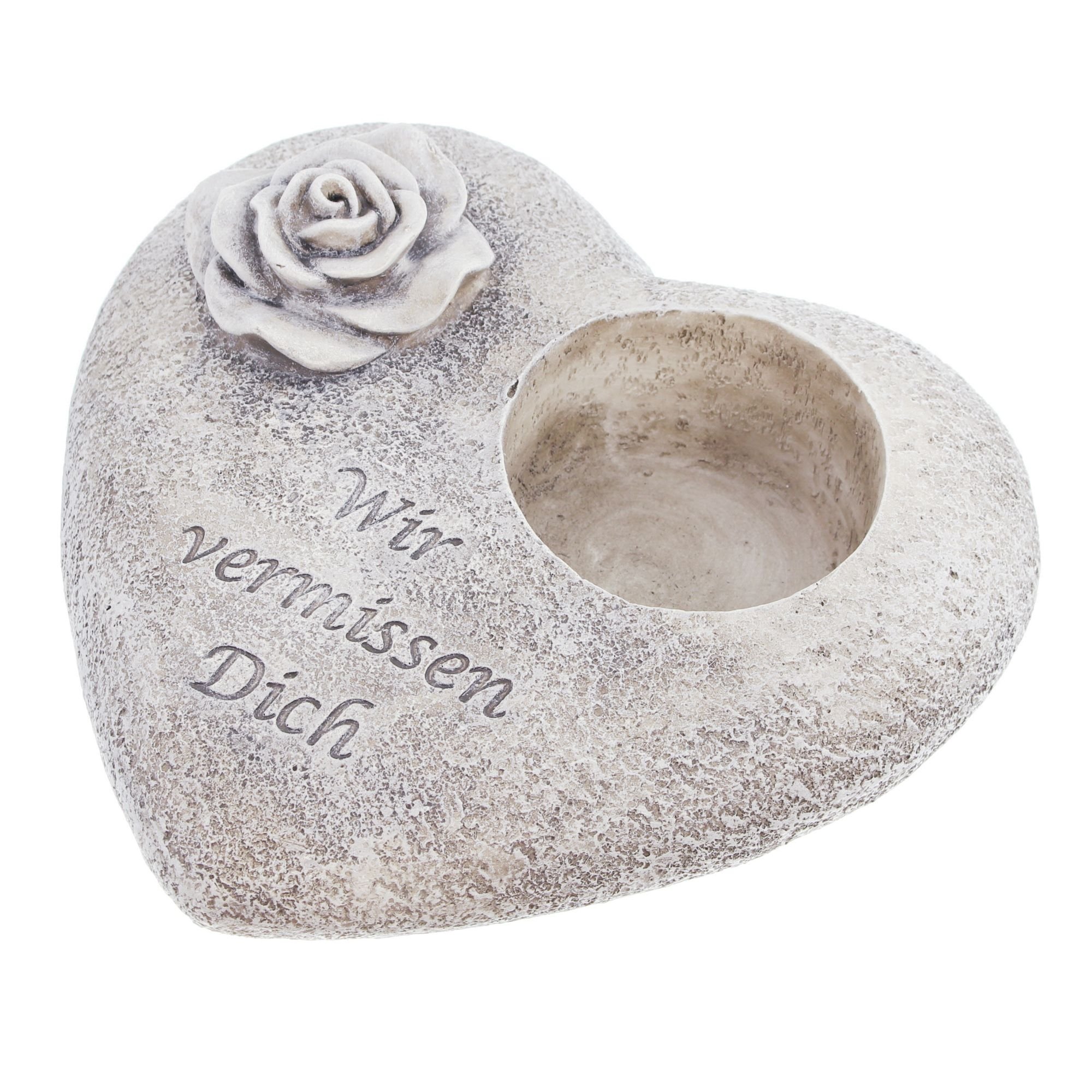 Grabschmuck Herz, Wir vermissen Dich, 18 x 20 x 8 cm, auch zum Bepflanzen geeignet, Polyresin, Aussparung für Grabkerzen Ø 7 cm