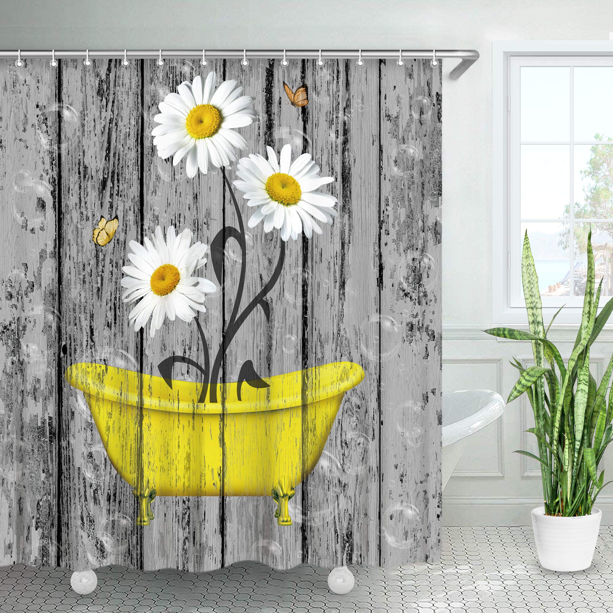 RosieLilyRustic Shower Curtain, Daisy Shower Curtain, Farmhouse Floral Shower Curtain, Barnwood Country Shower Curtain, Gray and Yellow Shower Curtain with Hooks Waterproof Fabric 72W x 72H Inches