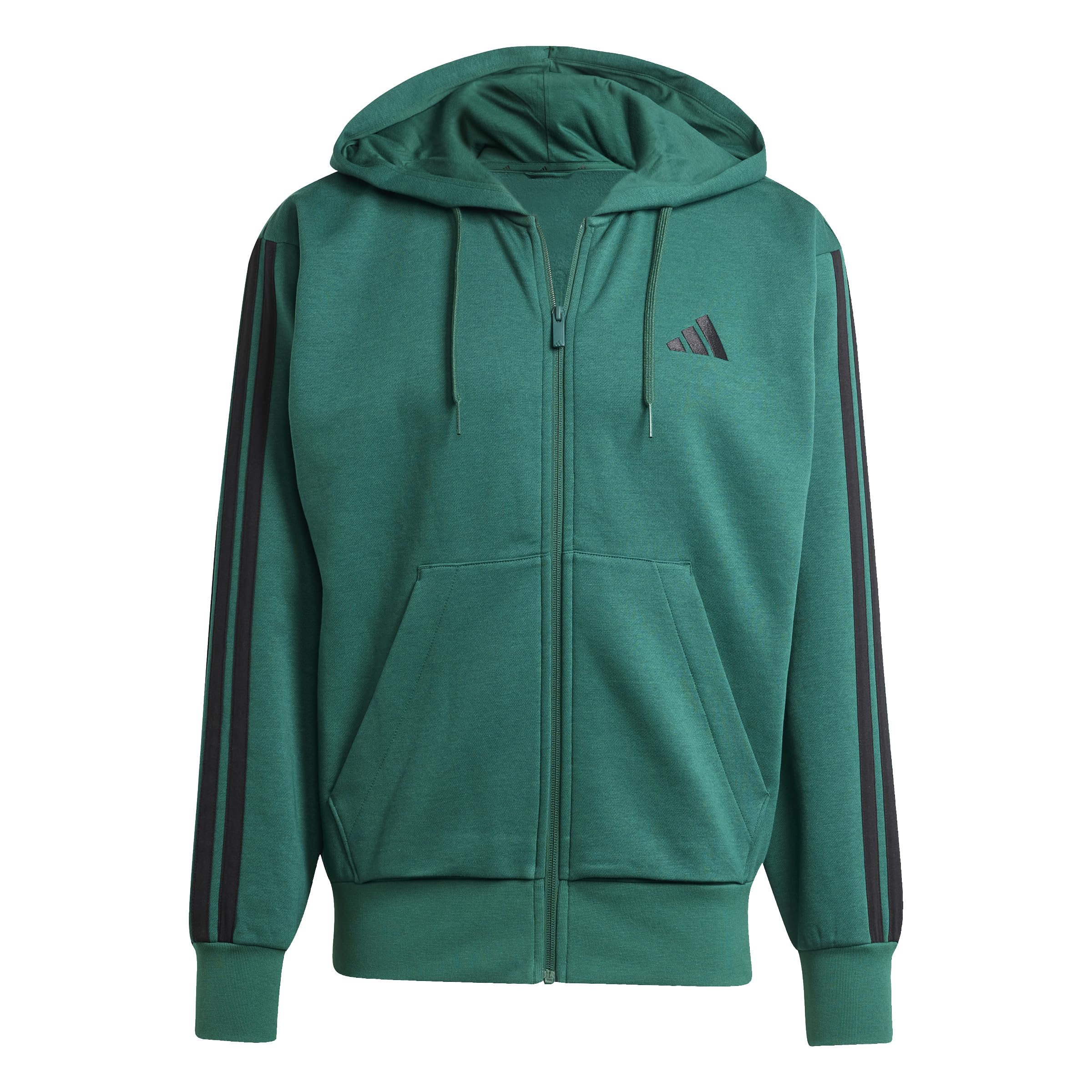 adidas Men's ESSENTIAL THREE STRIPES FLEECE ZIPPER HOODIE, collegiate green/black, M