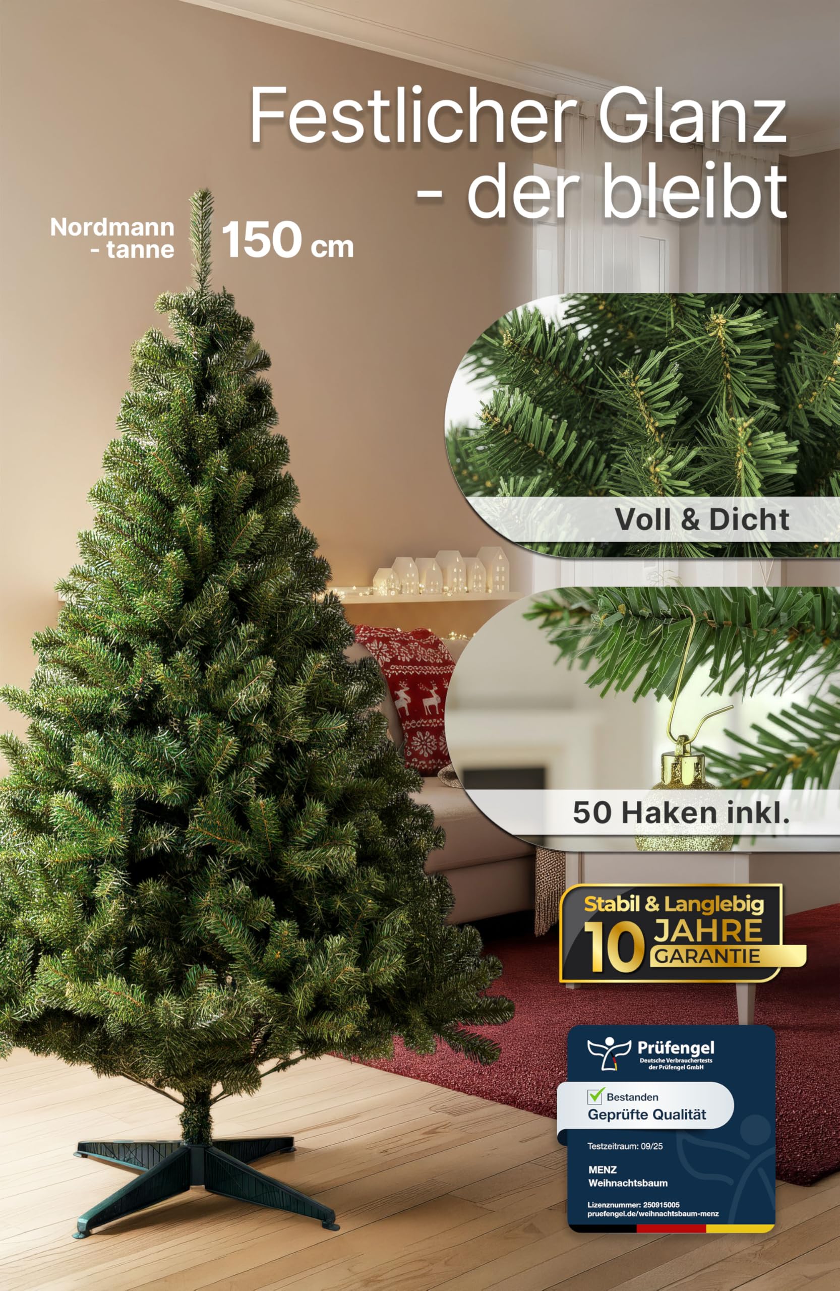 150 cm Künstlicher Weihnachtsbaum aus 100% PVC – Dicht & Formstabil mit 600 Zweigen (Ø 90 cm), Schnellaufbau-System, Schwer Entflammbar
