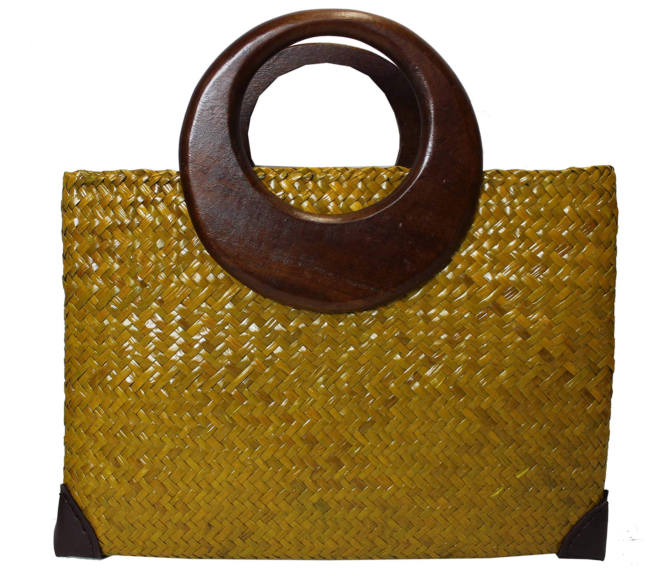 Rotfuchs Bolso de mano para mujer, bolso de paja, bolso de la compra, bolso de playa, hecho a mano de, Verde Amarillo 10, 50 x 43 x 44 cm