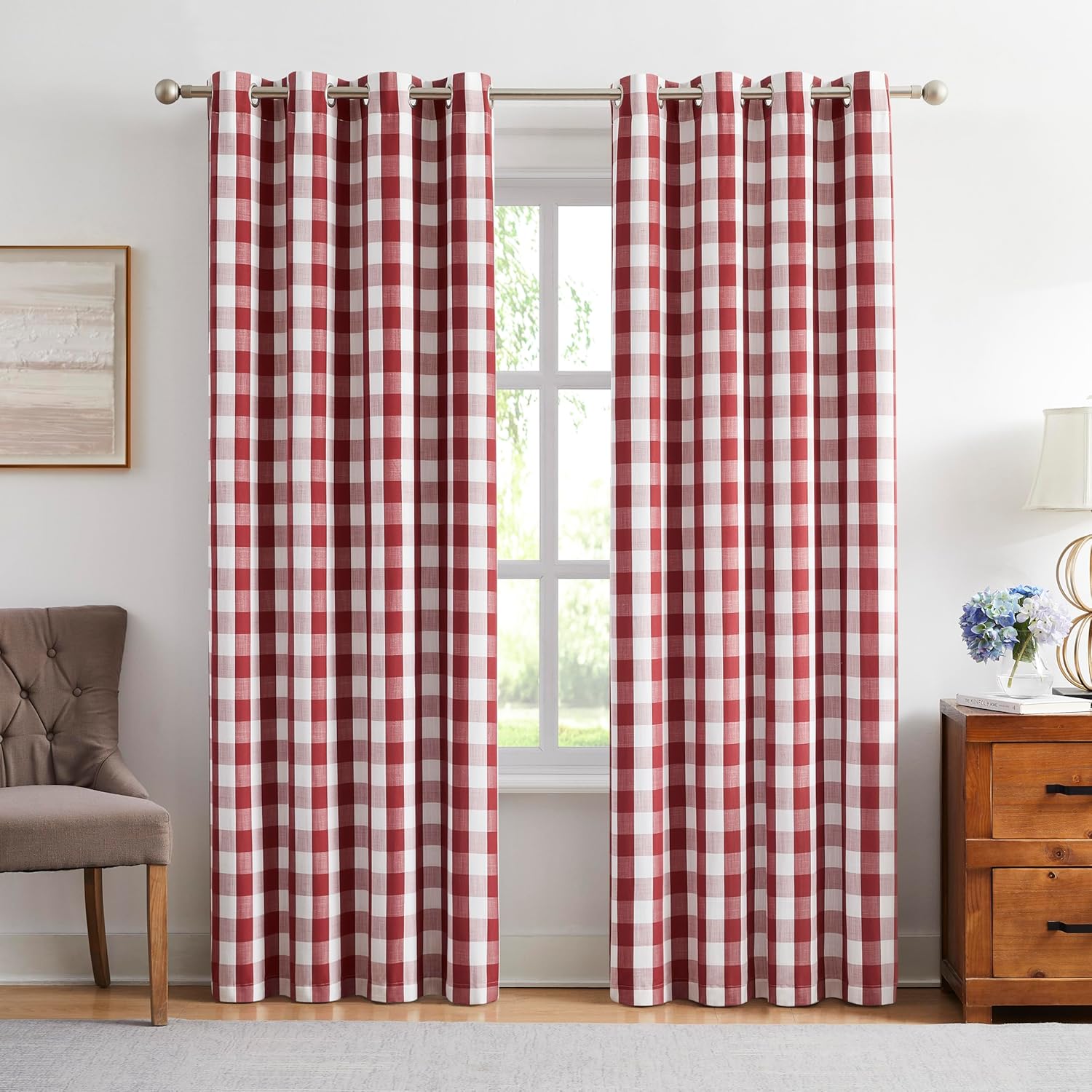 Amzdecor Buffalo Check Plaid Full Blackout Window Curtains 90 Inches Long for Bedroom Noise Reducing Total Room Darkening Grommet Drapes,Vintage Farmhouse Window Treatment,2 Panels,52"x90",Red White