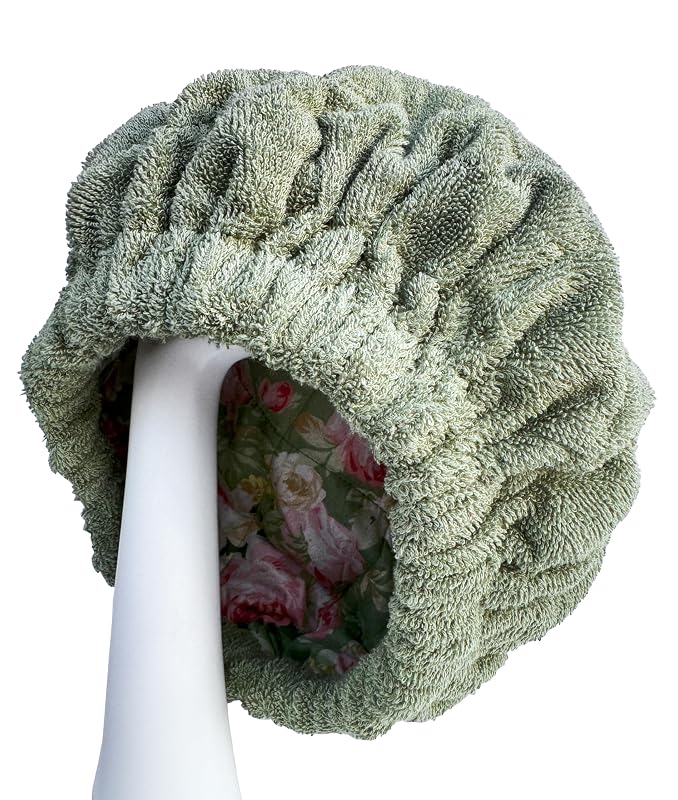 AKISS Touca térmica para cuidados capilares com semente de linhaça, uso em micro-ondas, Pea Green/Rose, tamanho grande