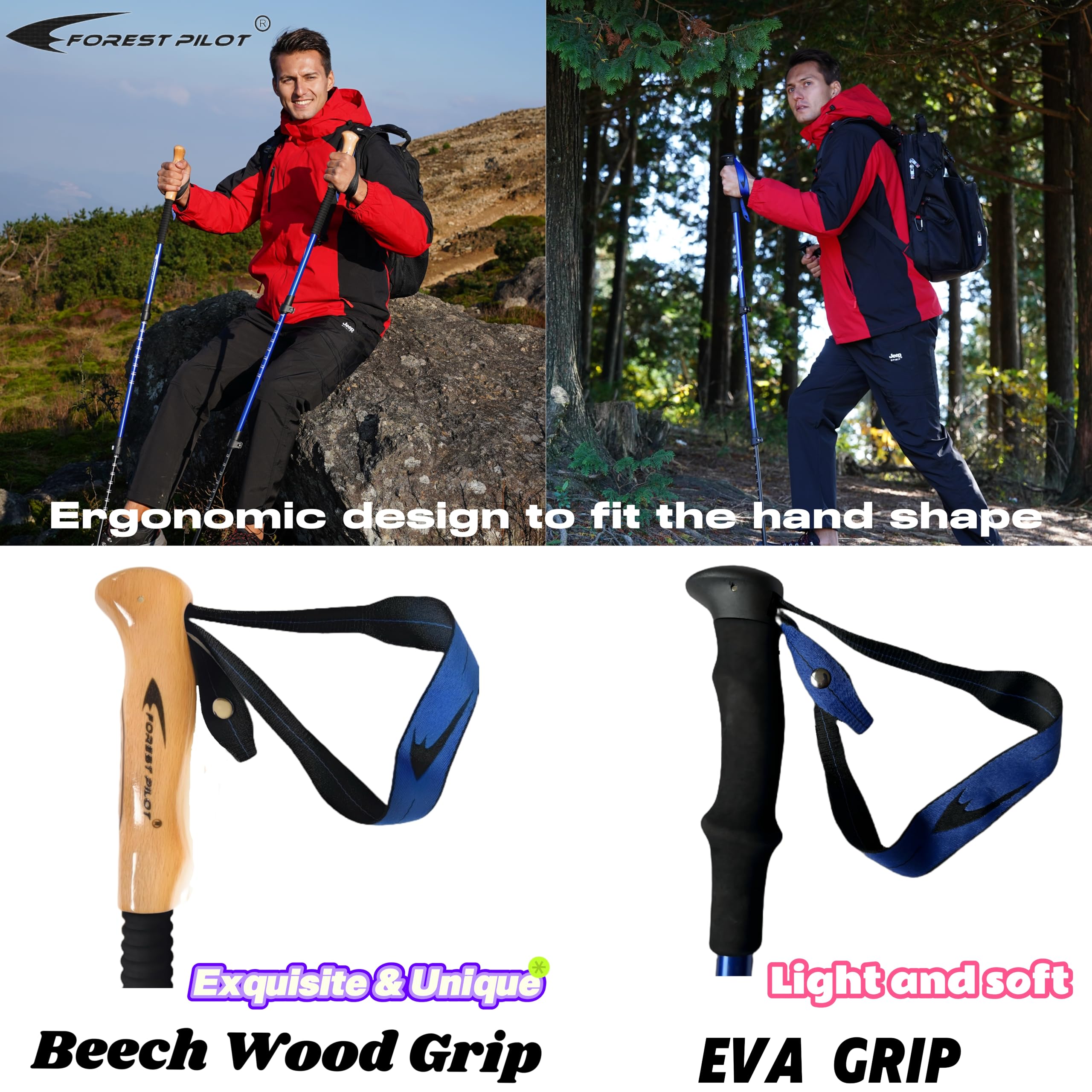 FOREST PILOT Bastones de trekking, aluminio ligero 7075 con cierre abatible y accesorios todo terreno, par de 2 bastones para senderismo con agarre de madera de haya o EVA