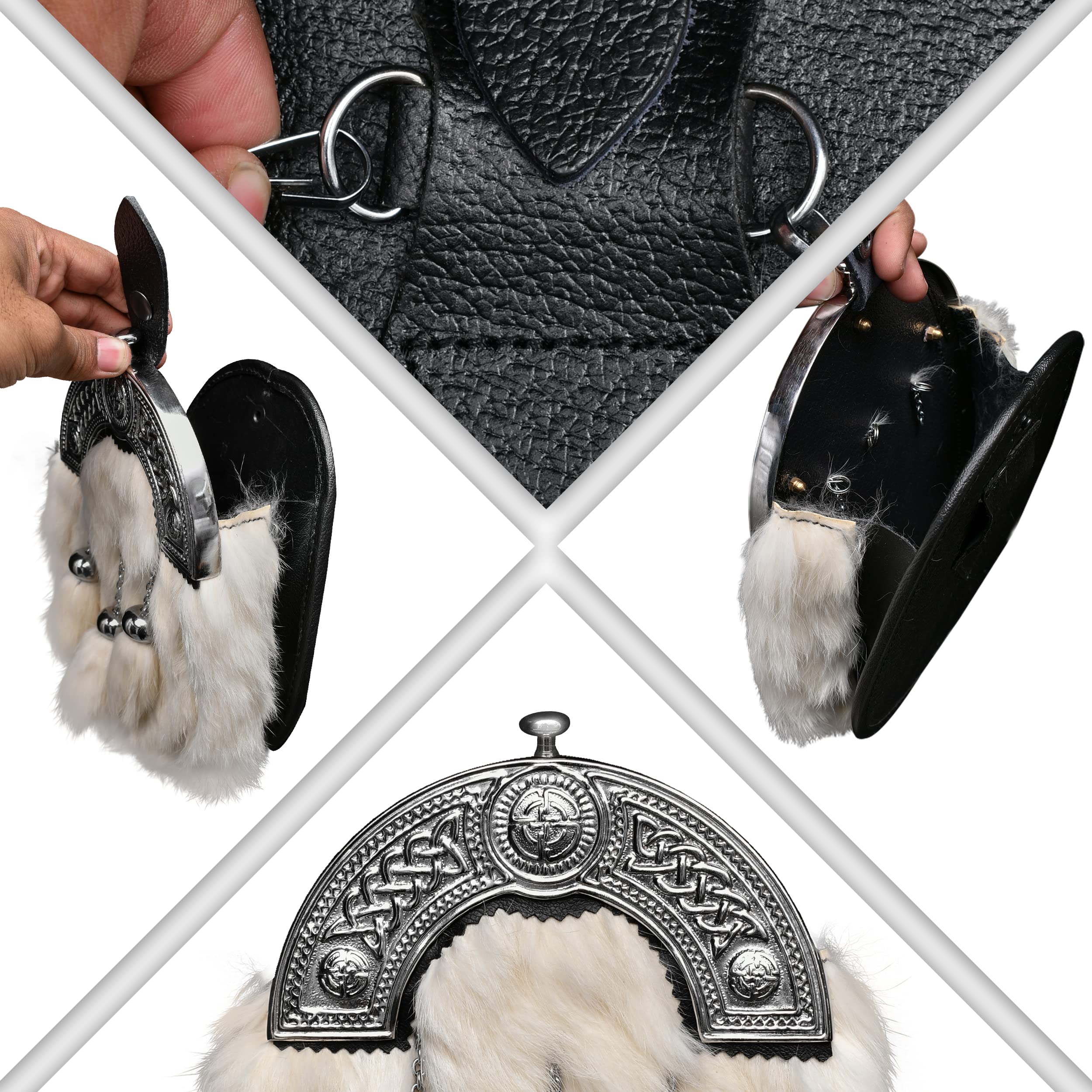 H HIGHLAND REDSTONE Sporran Kilt for Men Premium Fur Full Dress Scottish kilt Sporrans for men with Chain Belt Kilt Accessories (White Rabbit fur)