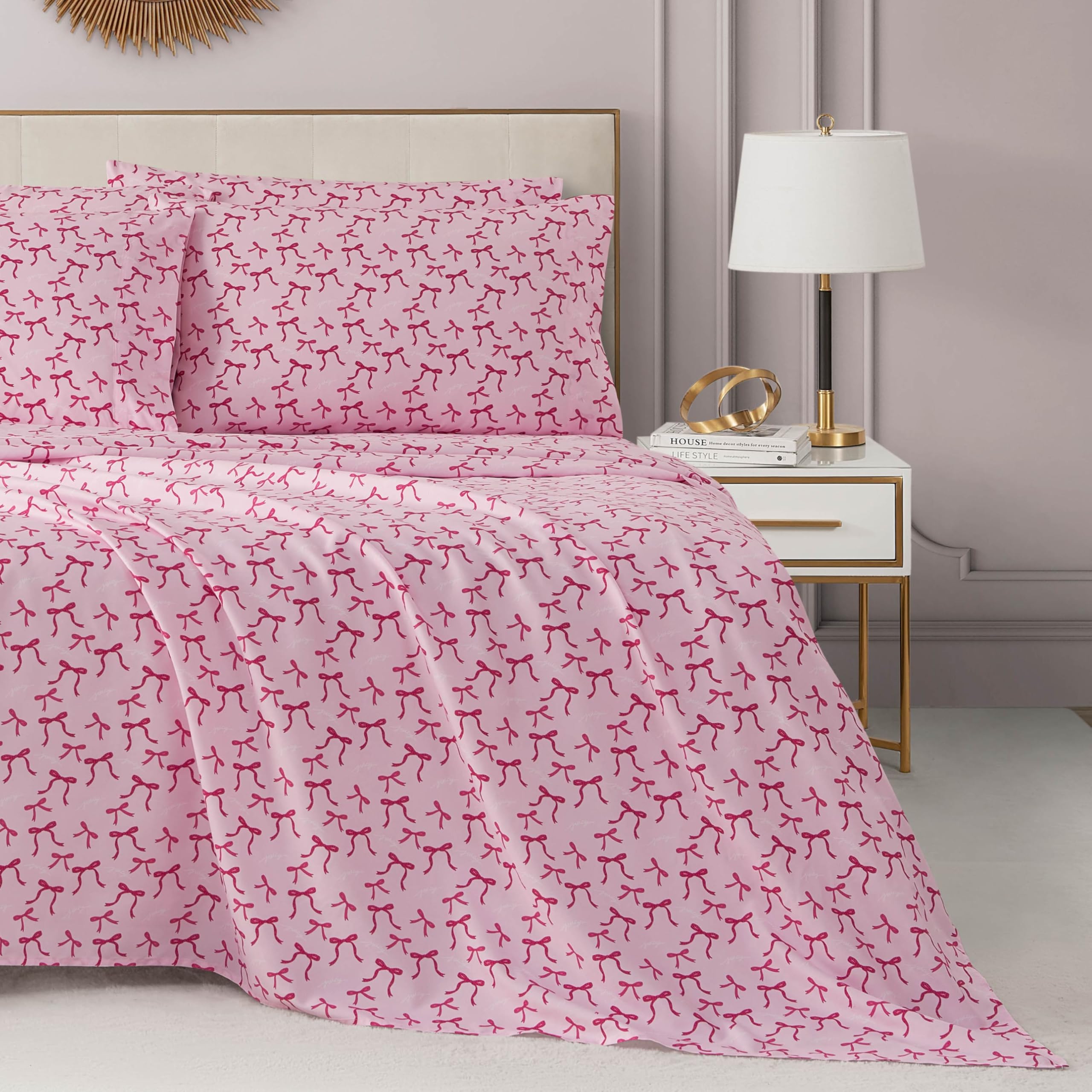 Juicy Couture Printed Microfiber 4-Piece Twin Sheet Set, Ribbon Leopard Toss Pink