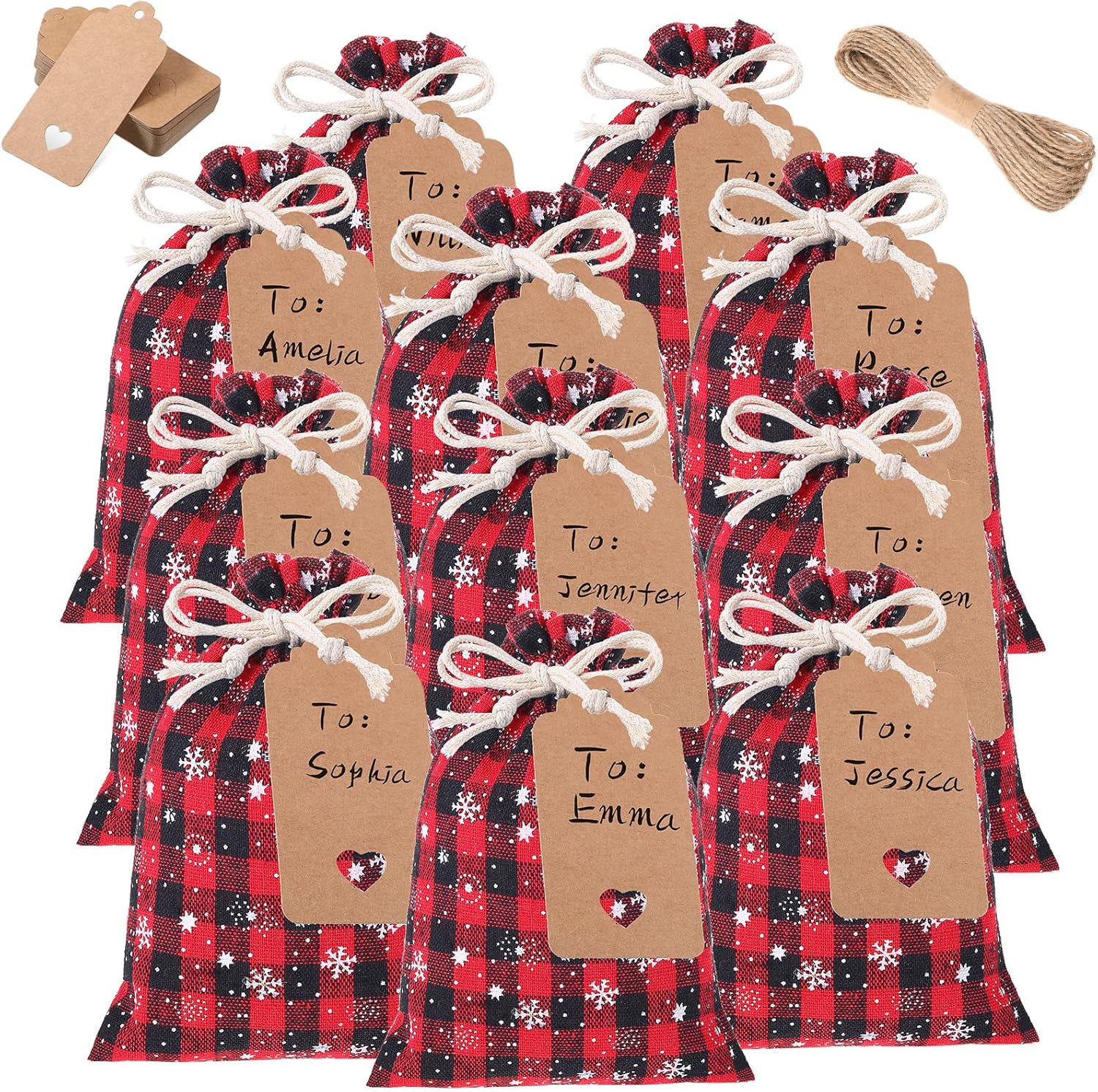 Shappy 48 Pcs Christmas Drawstring Bags Xmas Buffalo Plaid Burlap Candy Bags Linen Treat Sack Holiday Party Favor Christmas Sack Sachet with Cards and Rope(10 x 8 Inch,Black Red)