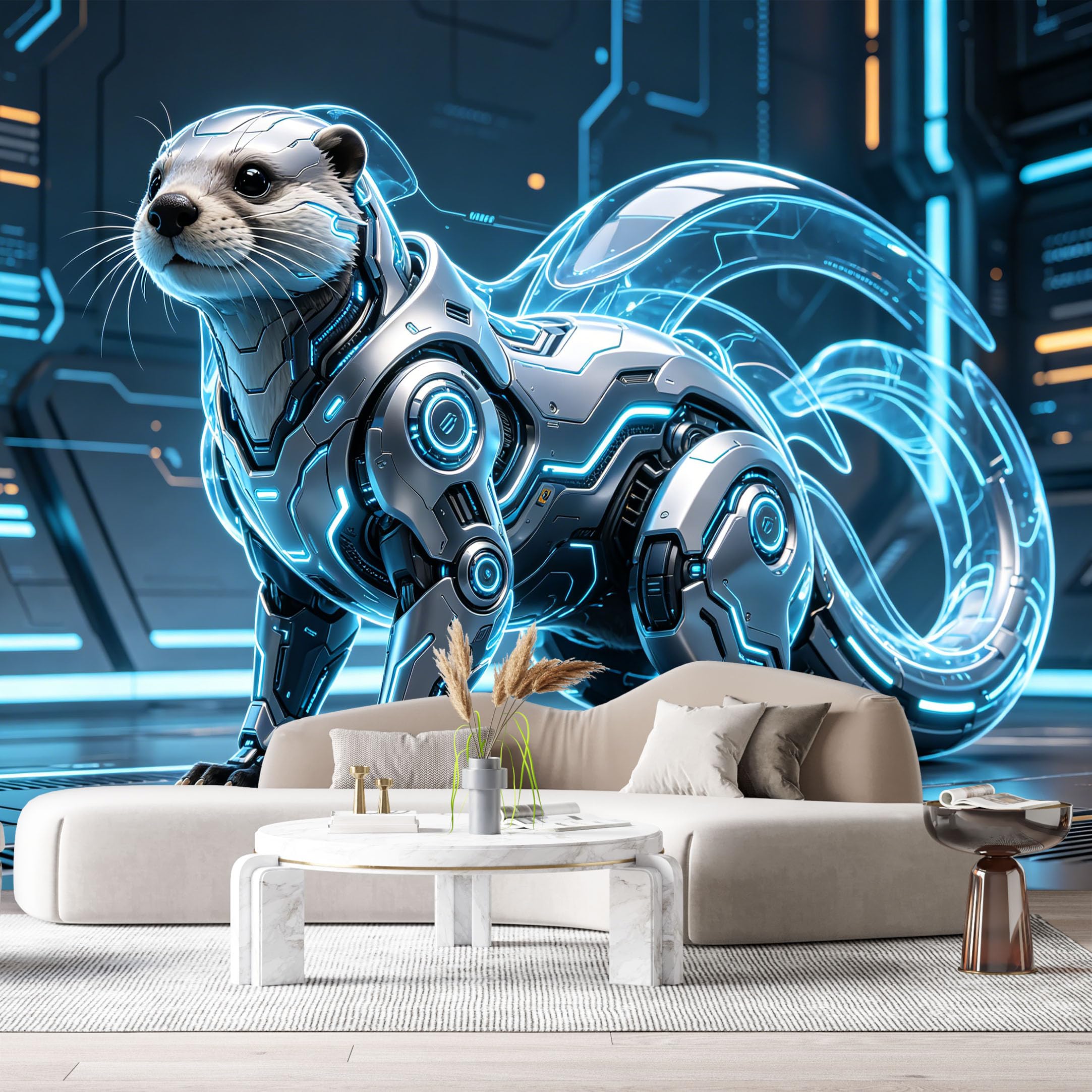 Custom Size Wall Mural Cybernetic Otter Mech Futuristic Neon SciFi Robotic Animal Armor 3D Realistic Style SelfAdhesive Art Prints Removable Large Wallpaper Esports Room Game Room Studio
